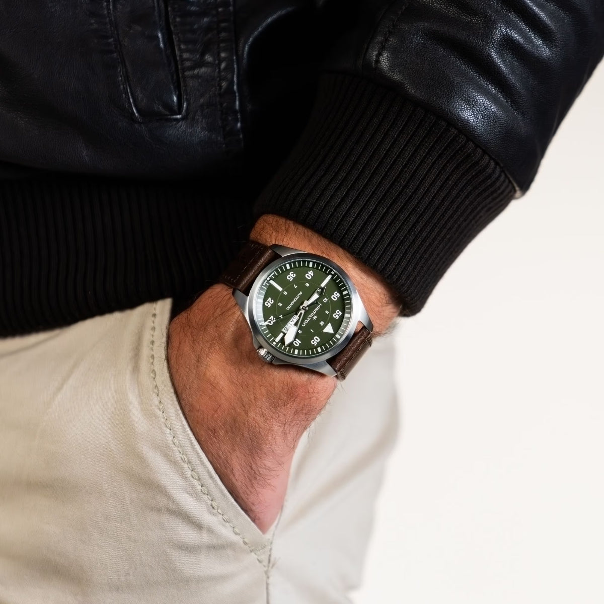 Hamilton Khaki Aviation Pilot Day Date green dial H64635560 automatic watch on wrist