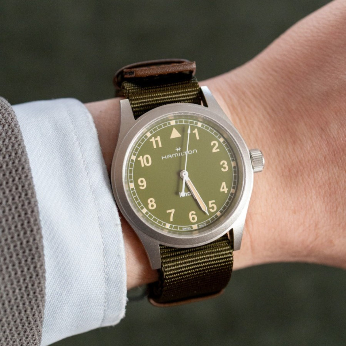 Hamilton Khaki Field 38mm Green Dial NATO Quartz watch worn on wrist