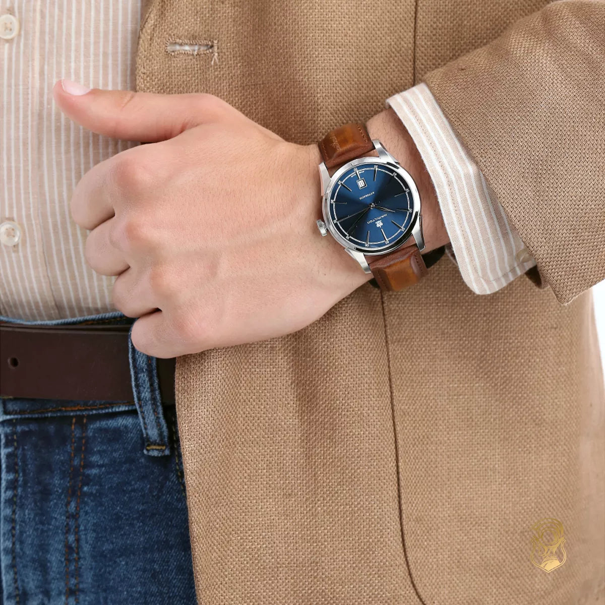 Hamilton Spirit of Liberty Blue Dial Leather watch worn on wrist H42415541
