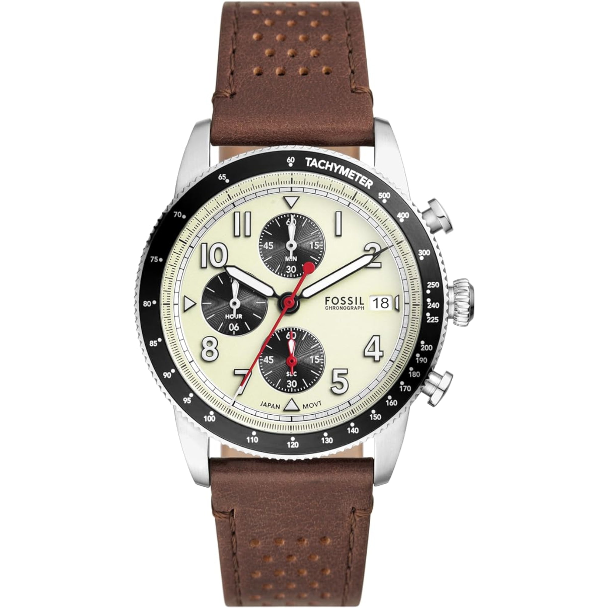 Fossil Sport Tourer 42mm Chronograph Cream Dial Leather Mens Quartz Watch FS6042