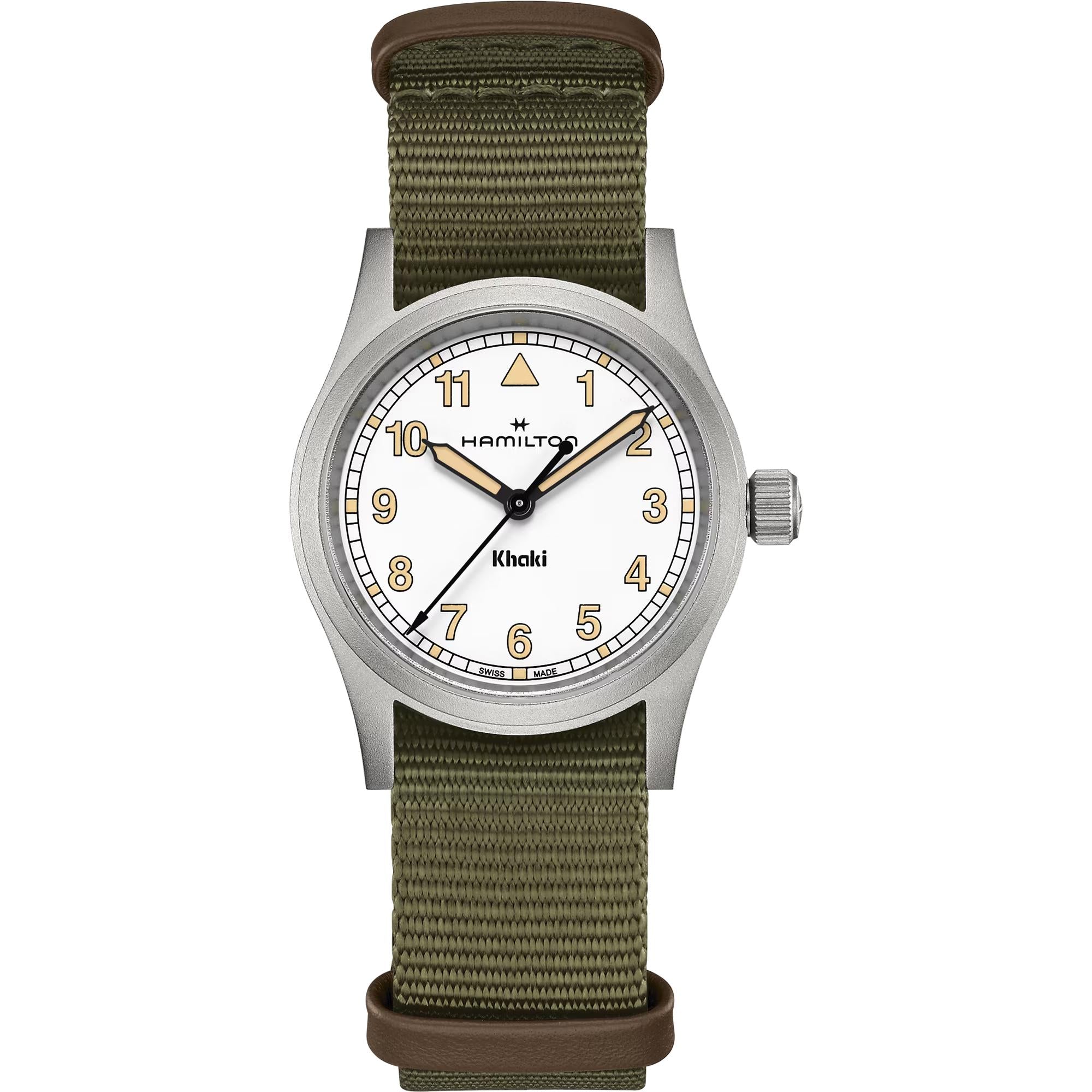 Hamilton Khaki Field 33mm white dial green NATO quartz watch H69301910 front view