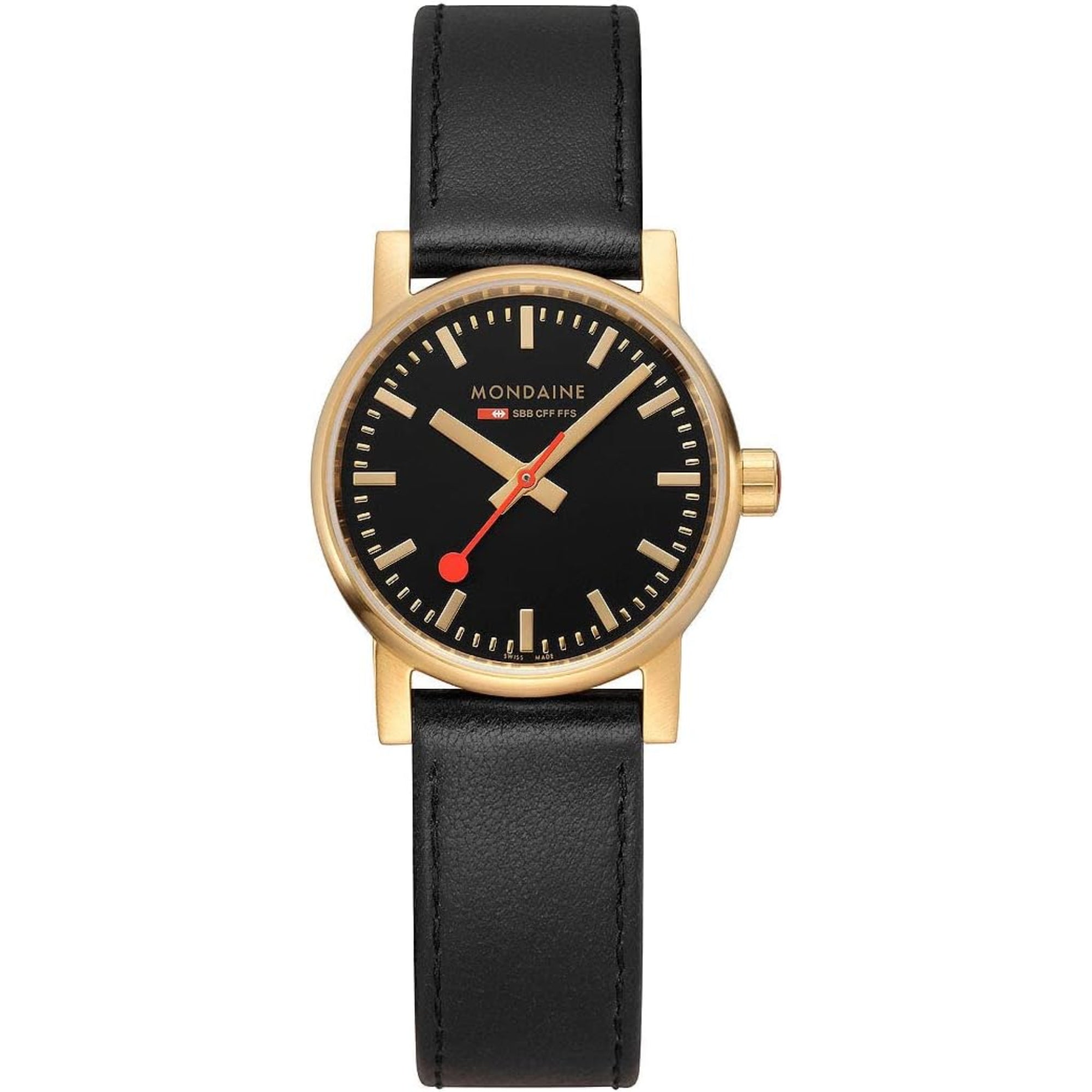 Mondaine Evo Quarz Schwarzes Zifferblatt Schwarzes Lederarmband Damen Uhr MSE.30120.LB