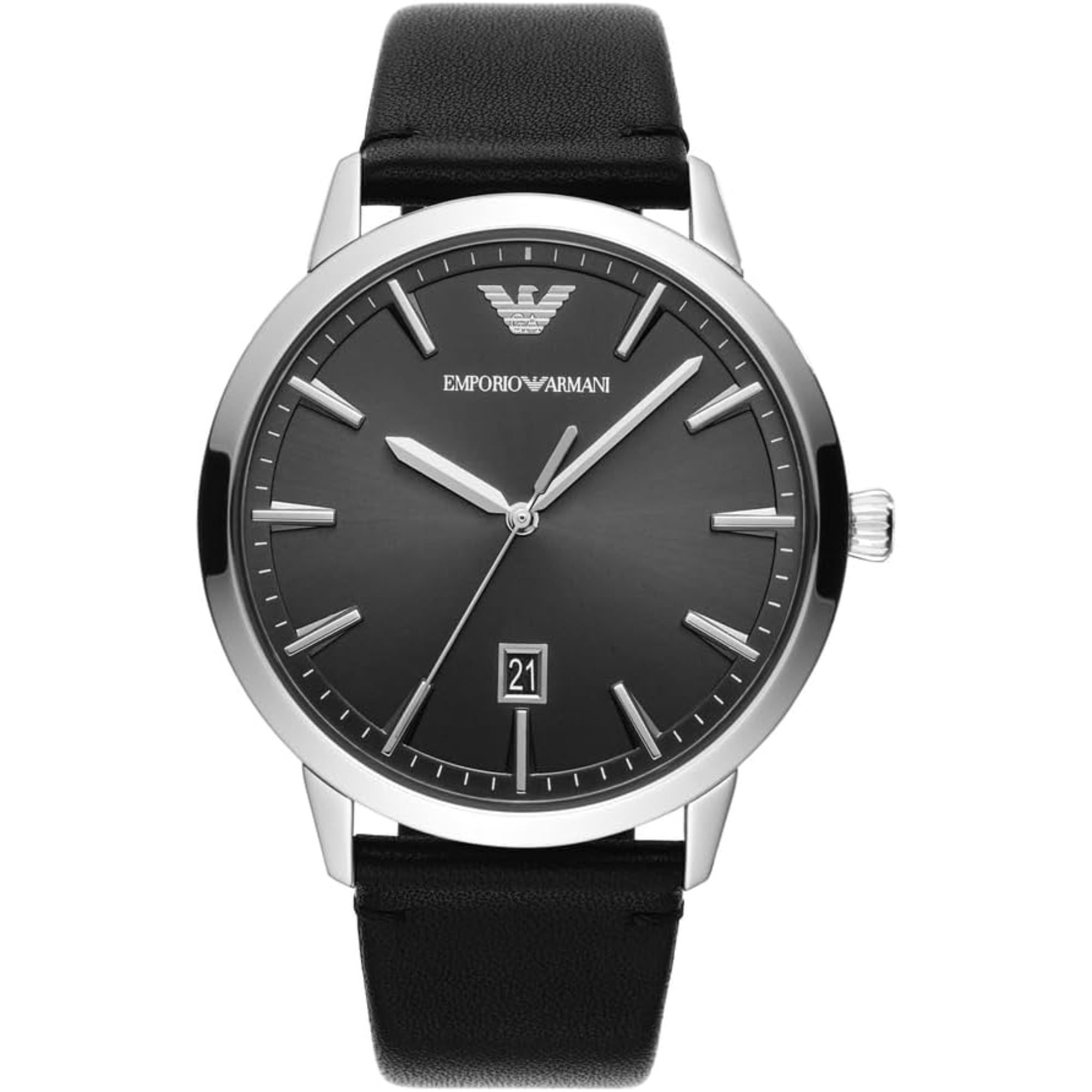 Emporio Armani Ruggero black dial men's watch with silver case and black leather strap AR11193 front view