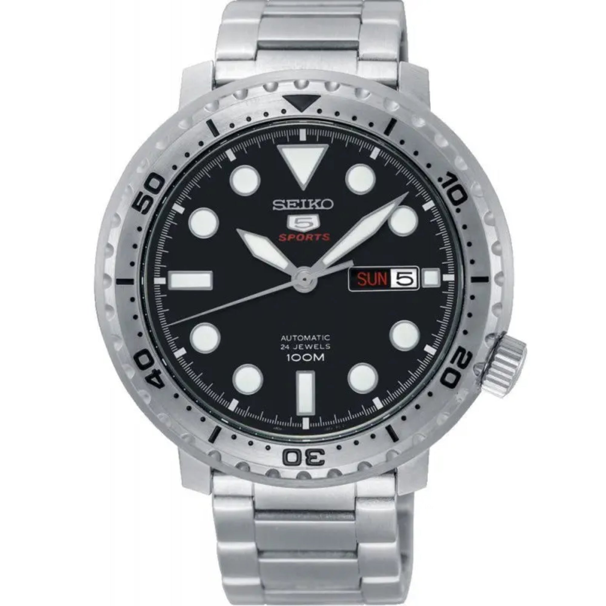 Seiko 5 Sports Flaschenverschluss Silber Edelstahl Schwarzes Zifferblatt Automatik Herren Uhr SRPC61K1