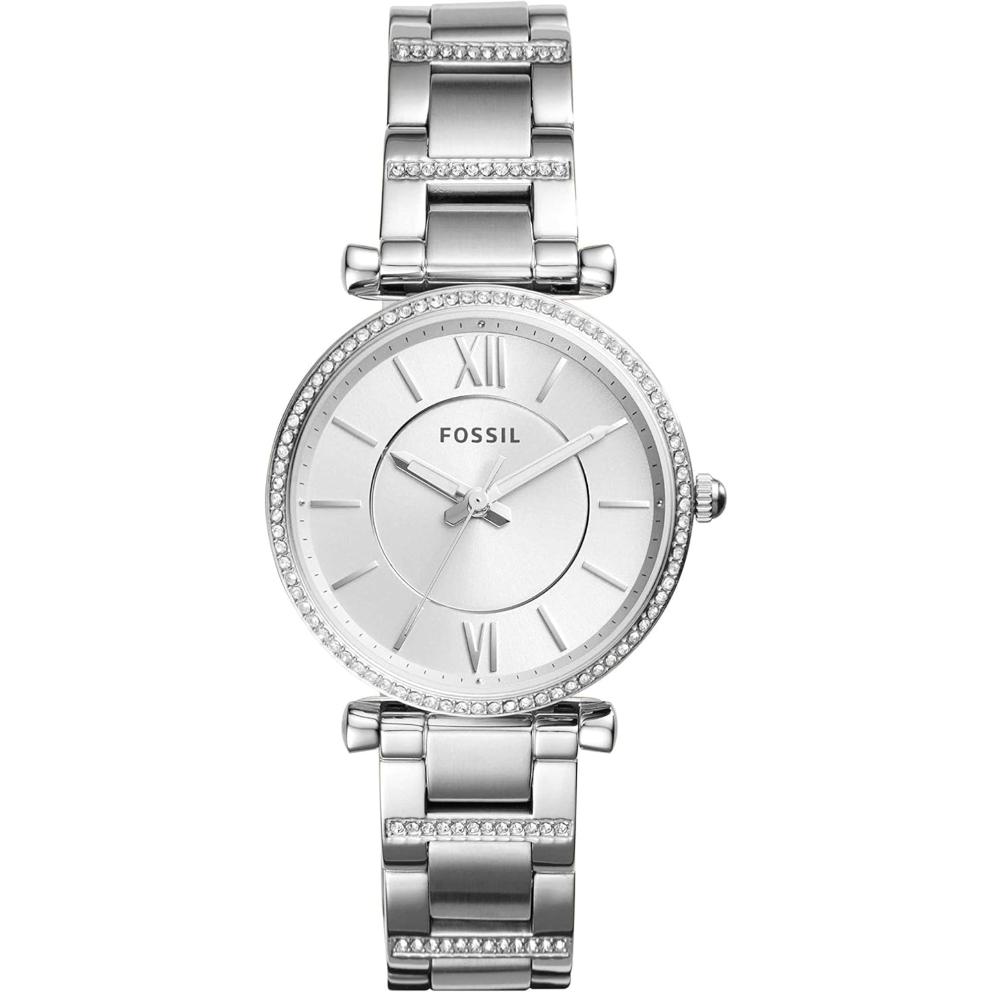 Fossil Carlie 35mm Silbernes Zifferblatt Stahl Damen Quarz Uhr ES4341