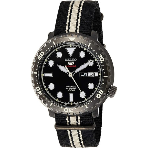 Seiko 5 Sports Flaschenverschluss Gehäuse Textilarmband Automatik Schwarzes Zifferblatt Herren Uhr SRPC67K1