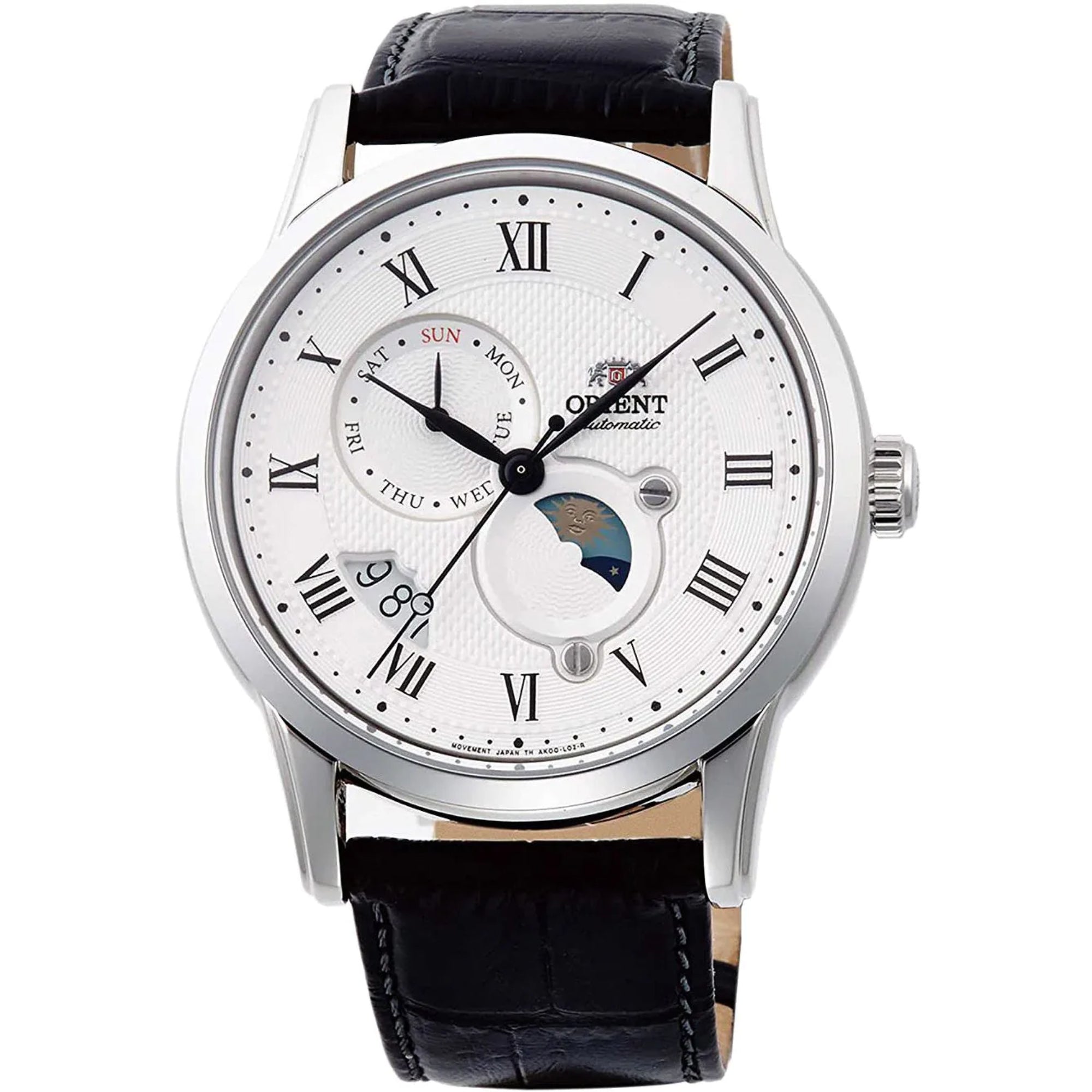 Orient Bambino 42,5 mm Sonne & Mond Weißes Zifferblatt Leder Herren Automatik Uhr RA-AK0008S10B