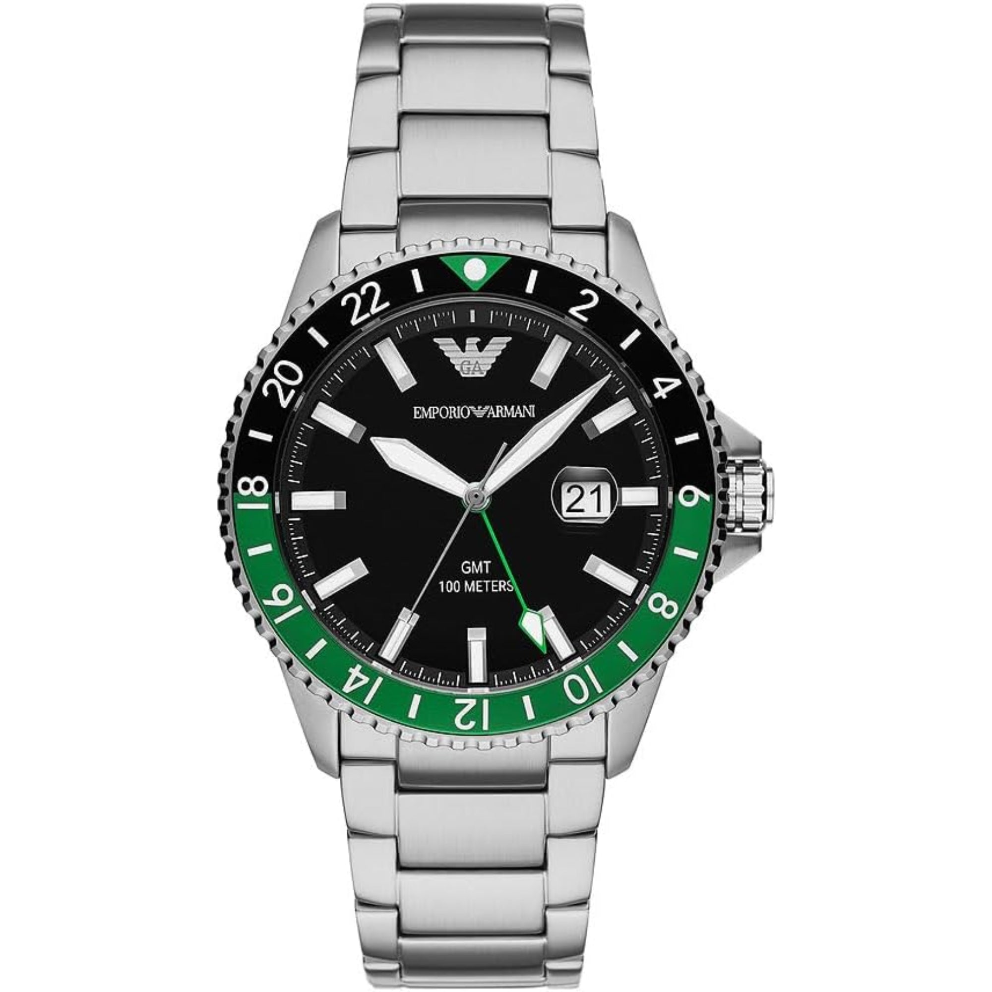 Emporio Armani World Explorer GMT Dual Time Black Dial Steel Strap Men's Watch AR11589
