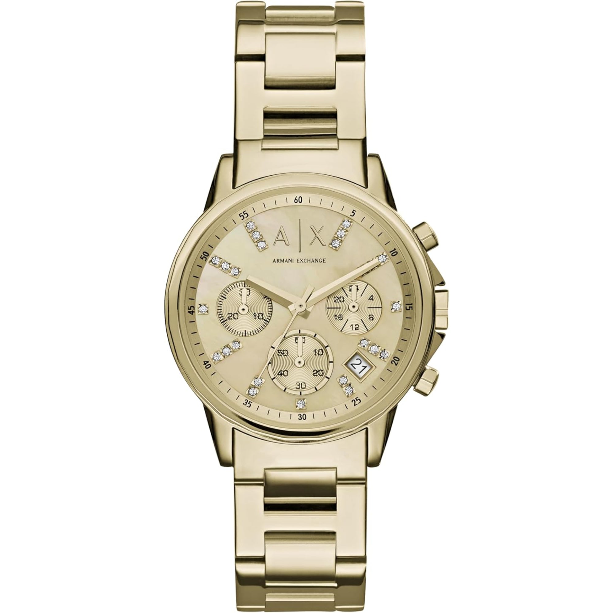 Armani Exchange Banks 36mm Chronograph Gold Dial Steel Ladies Quartz Watch AX4327