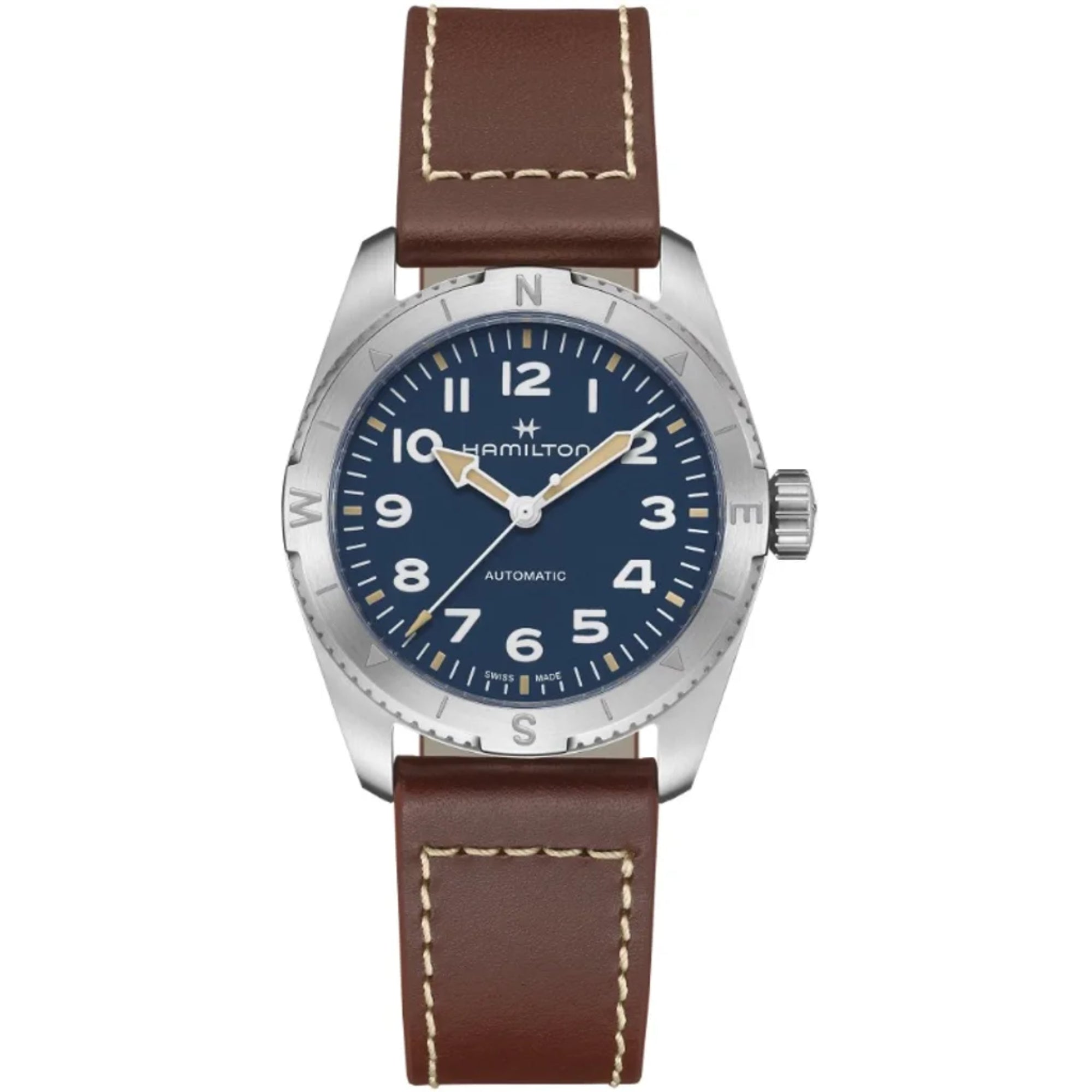  Hamilton Khaki Field 37mm Expedition blue dial brown leather automatic watch H70225540 front view 