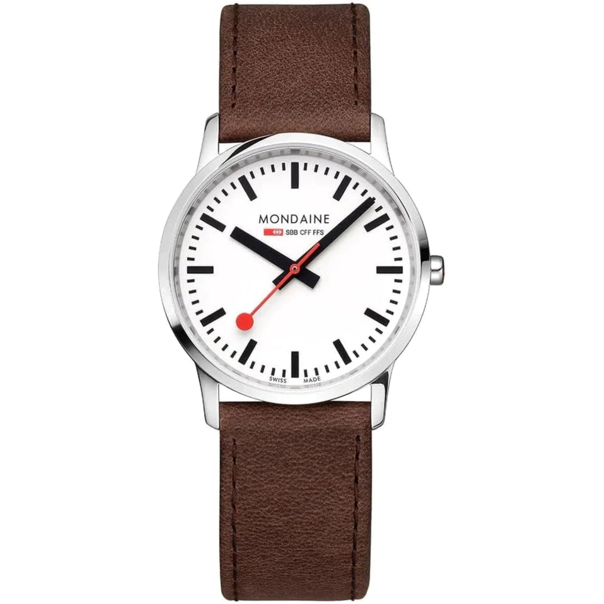 Mondaine Simply Elegant Quarz Weißes Zifferblatt Braunes Lederarmband Uhr A400.30351.12SBG