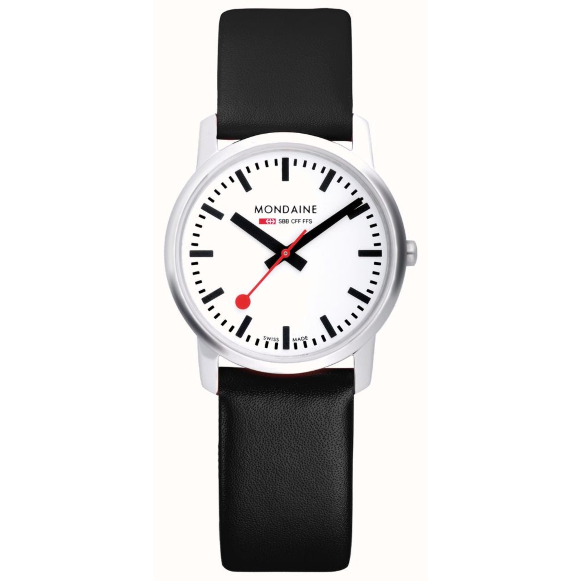 Mondaine Simply Elegant Quarz Weißes Zifferblatt Schwarzes Lederarmband Uhr A638.30350.11SBO