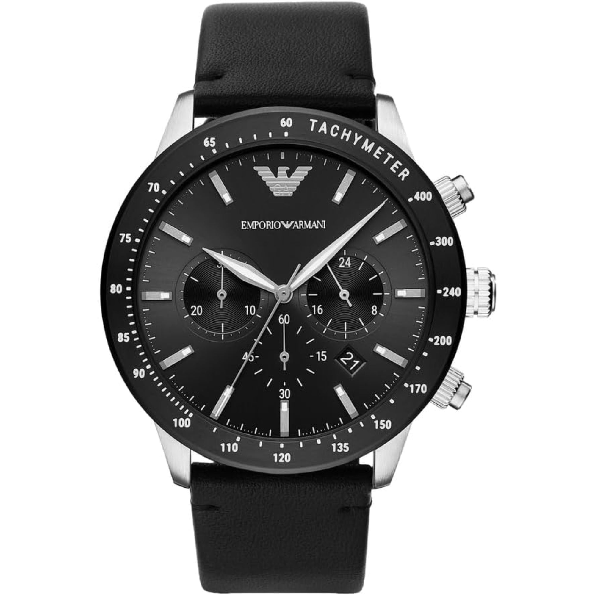 Emporio Armani Mario Chronograph Quartz Black Dial Leather Strap Men's Watch AR11243