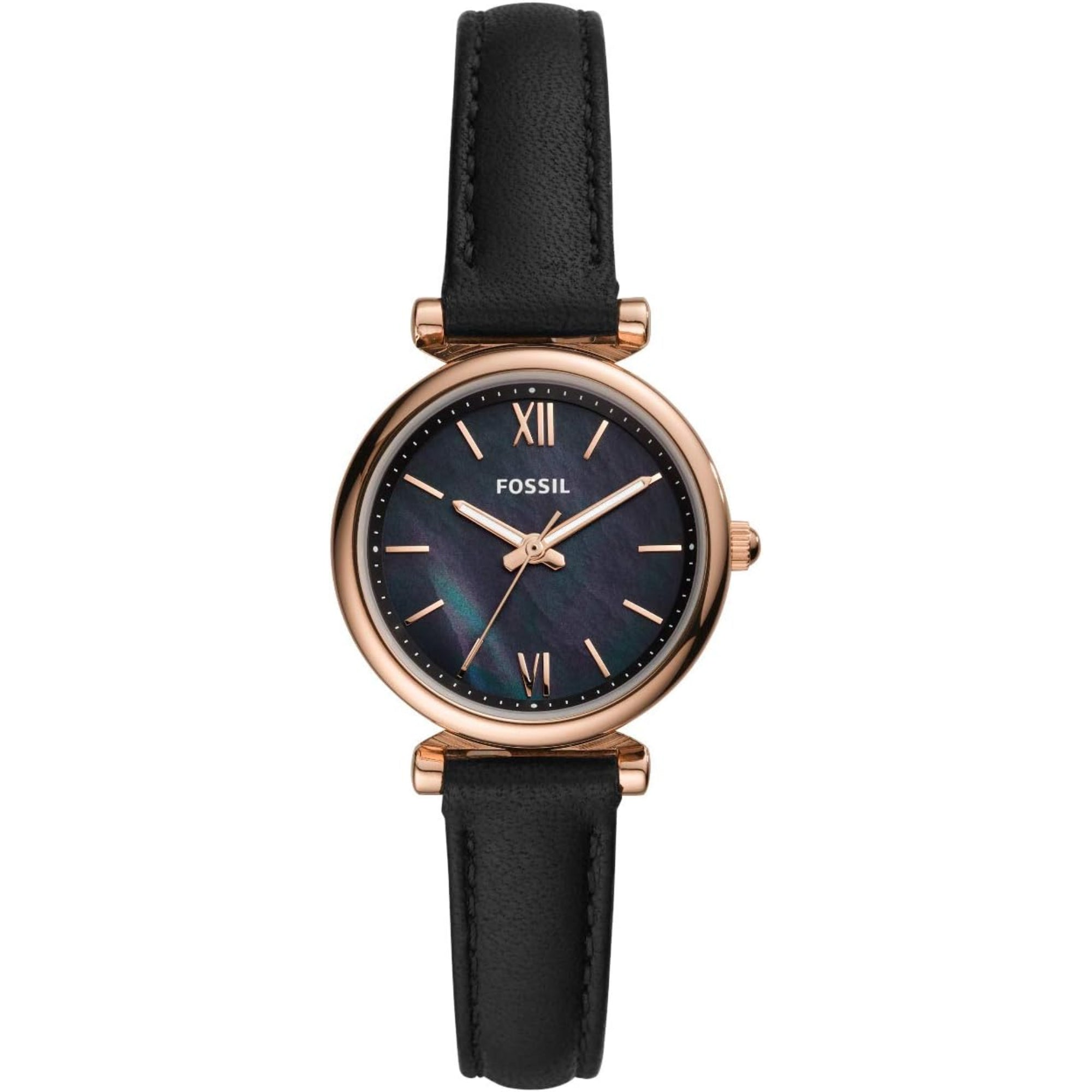 Fossil Carlie 28mm Black Dial Mother of Pearl Leather Ladies Quartz Watch ES4700