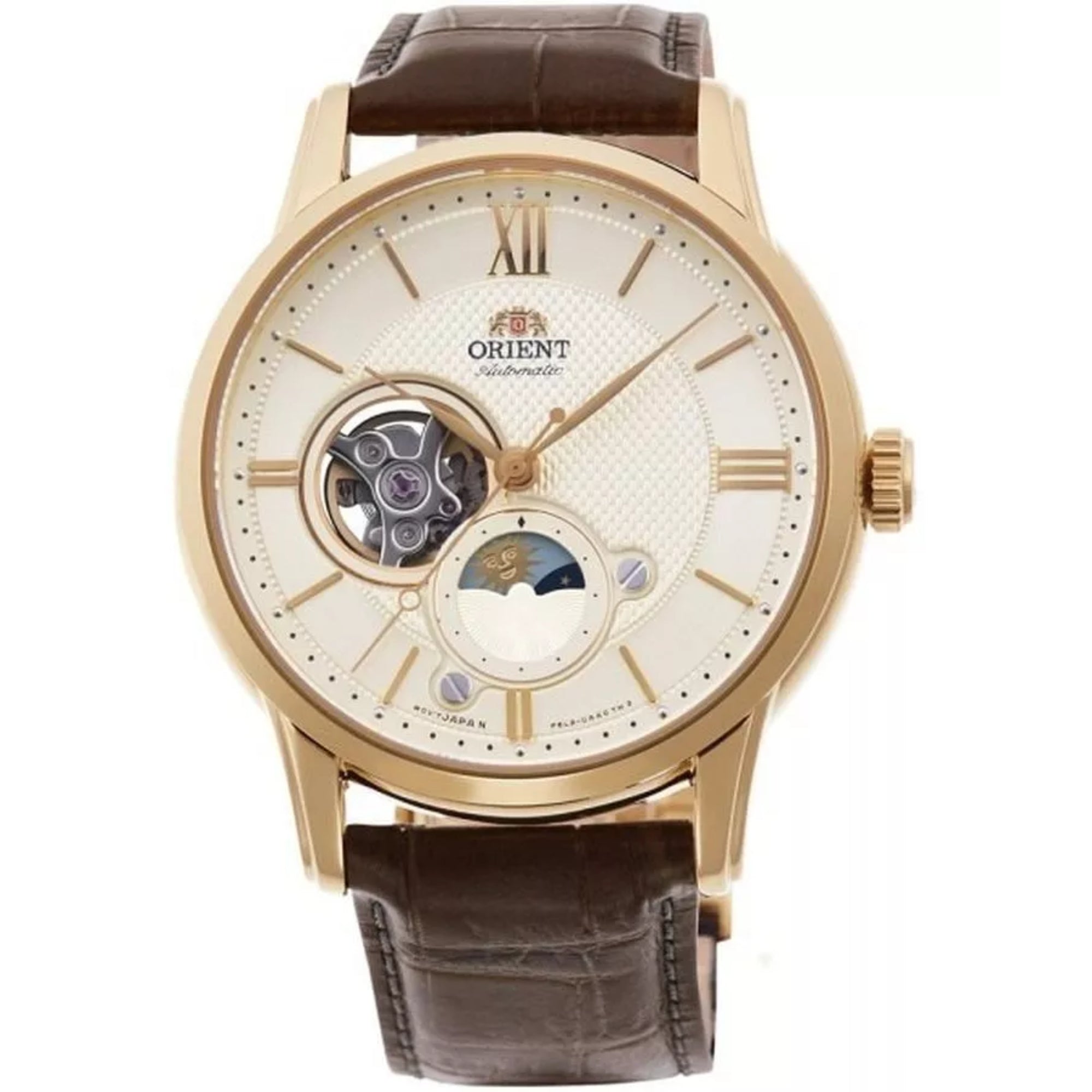 Orient Bambino 42mm Sun & Moon White Dial Leather Mens Automatic Watch RA-AS0010S30B