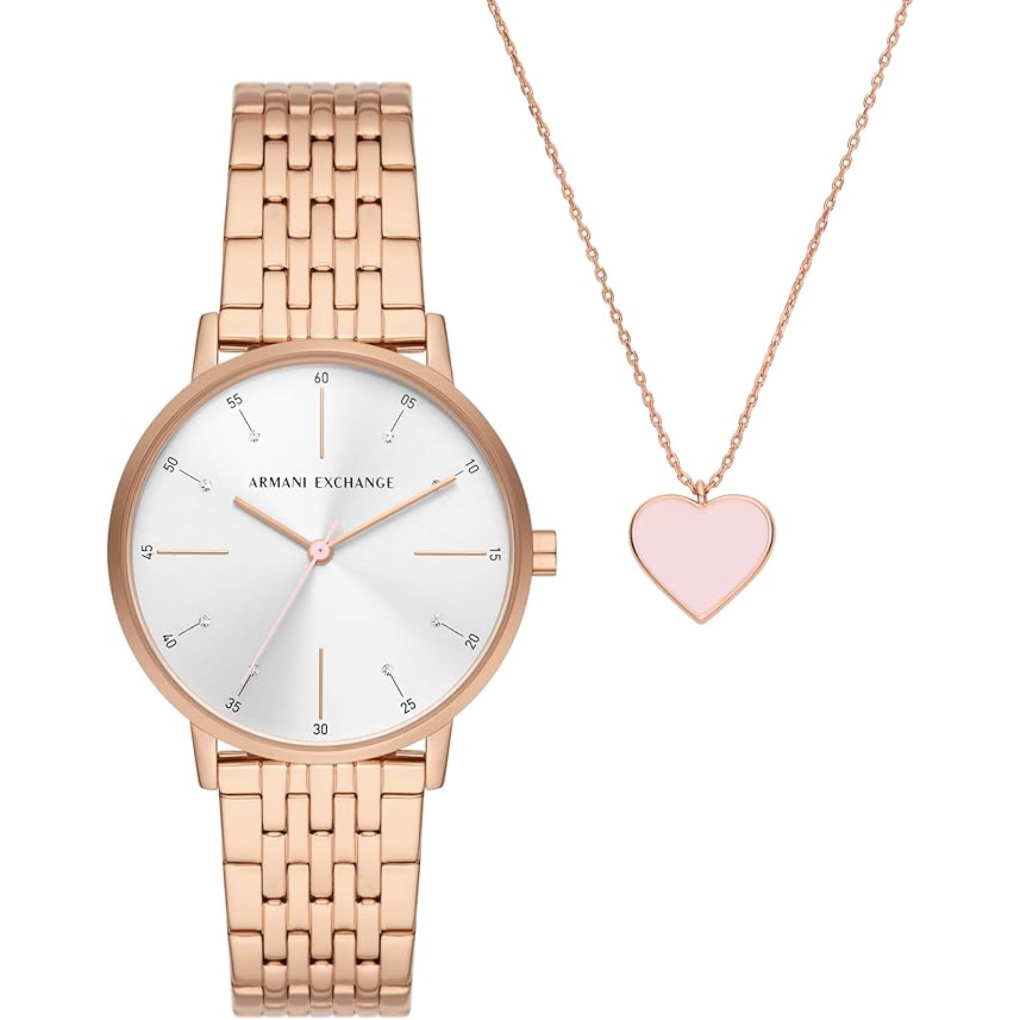 Armani Exchange Quartz Silver Sunburst Dial Steel Strap Women's Watch and Necklace Set AX7145SET