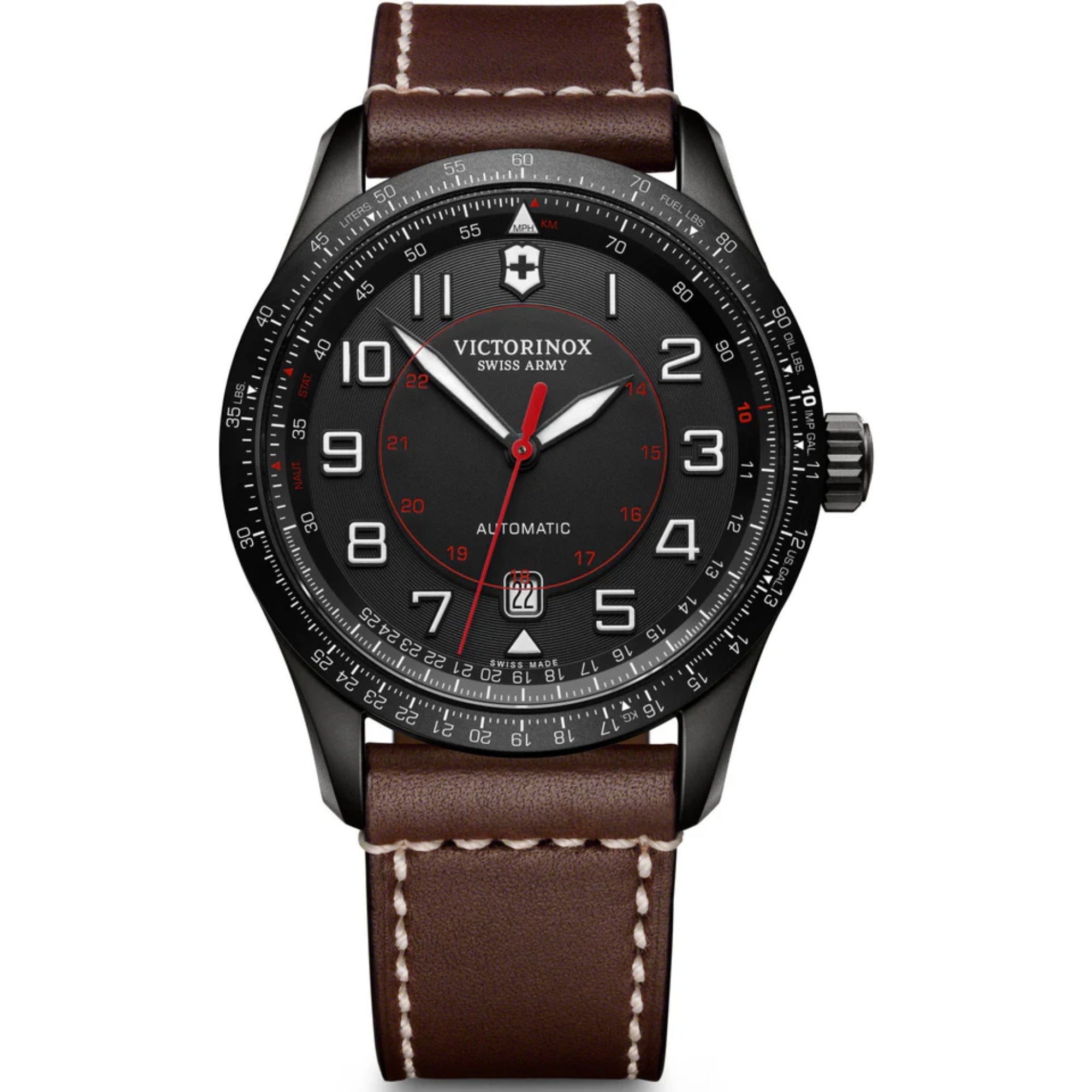 Victorinox Swiss Army Airboss Mechanisch Schwarzes Zifferblatt Armband aus braunem Leder Herren Uhr 241821