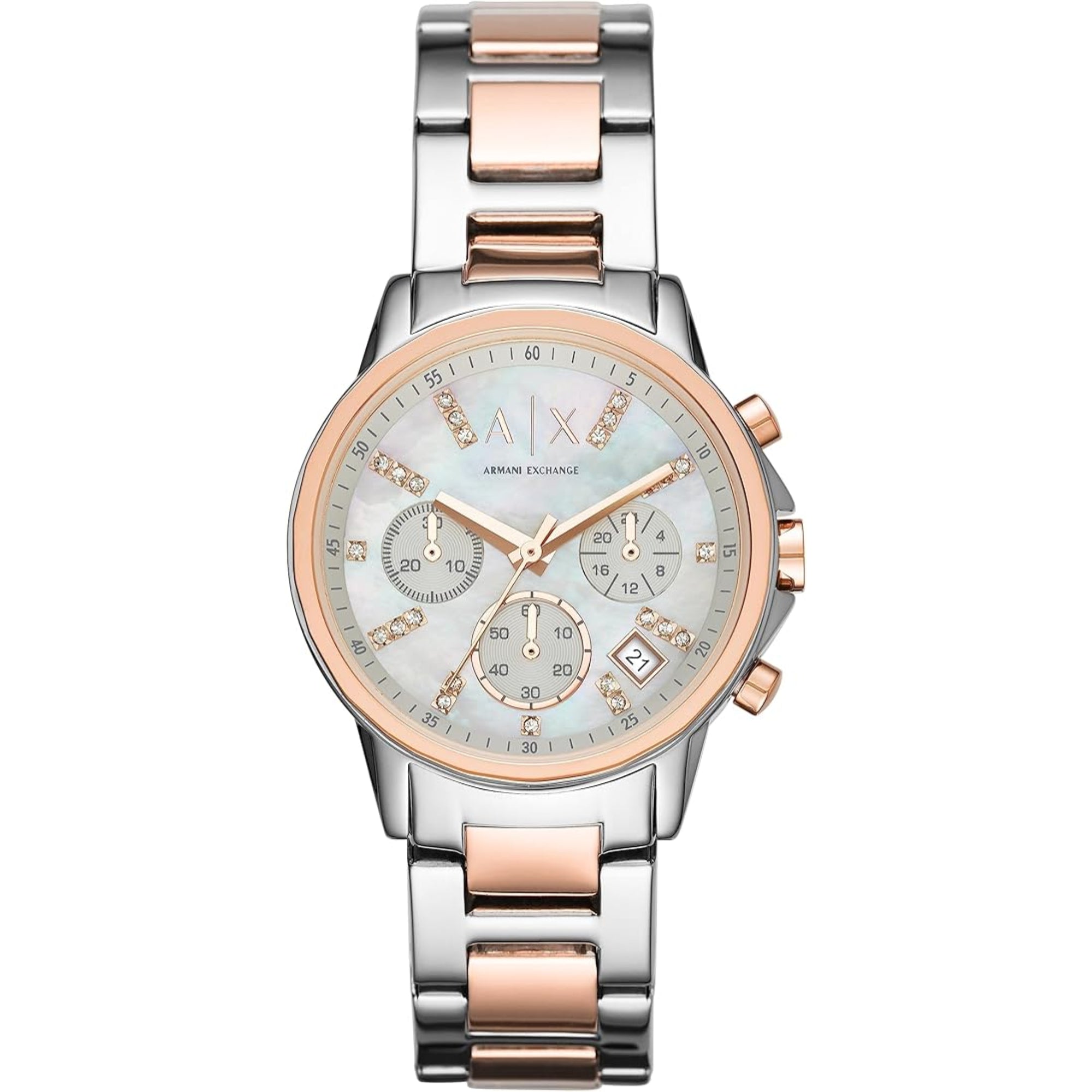 Armani Exchange Zirkonia 36mm Chronograph Silbernes Zifferblatt Damen Quarz Uhr AX4331