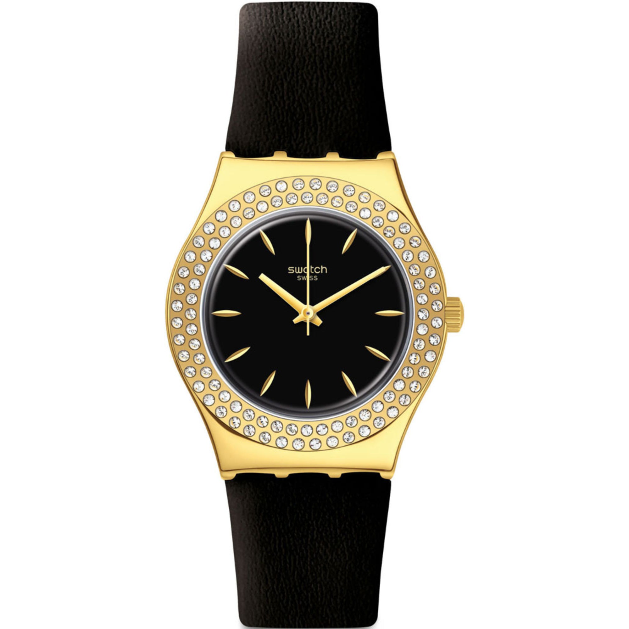 Swatch Goldy Show Quartz Schwarzes Zifferblatt Lederarmband Damen Uhr YLG141