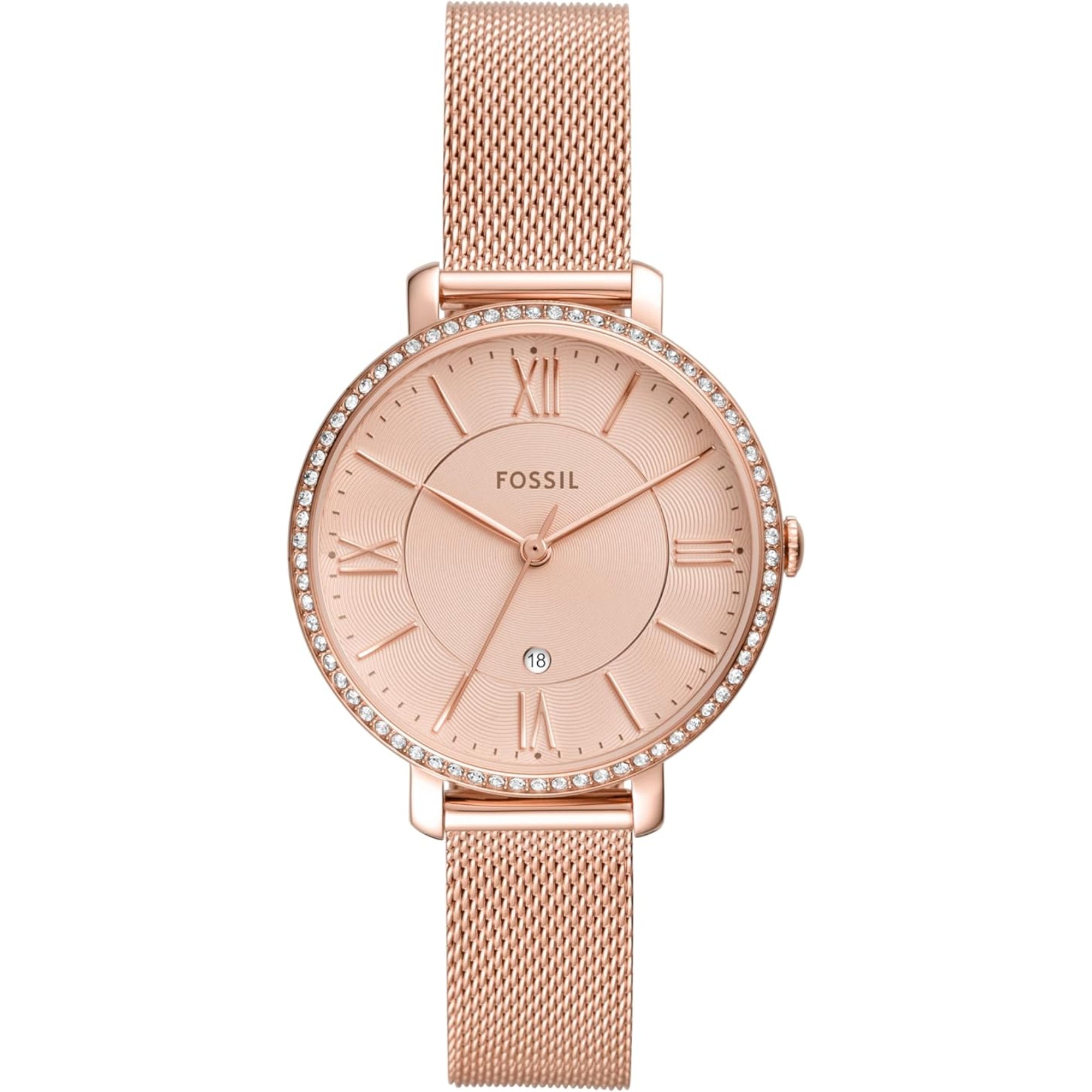Fossil Jacqueline Date Rose Gold Dial Steel Strap Women's Watch ES4628