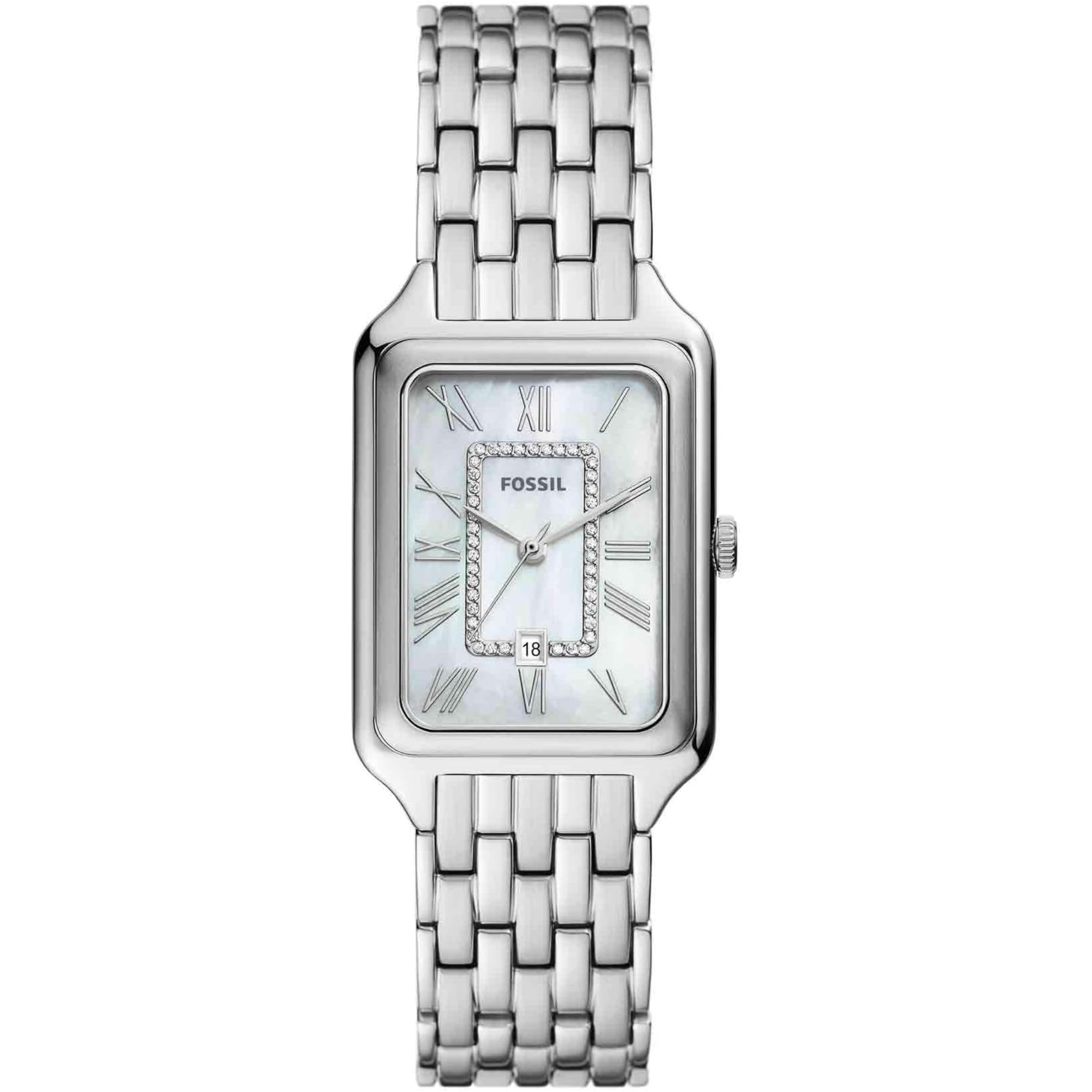 Fossil Raquel Date White Mother of Pearl Dial Steel Strap Women’s Watch ES5306