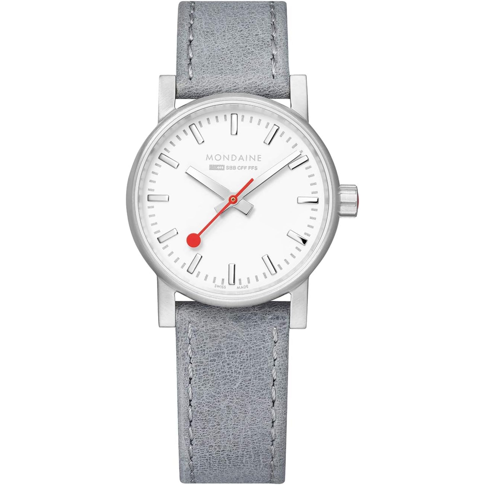 Mondaine evo2 Silber Edelstahlgehäuse Graues Lederarmband Weißes Zifferblatt Damen Uhr MSE.30110.LH
