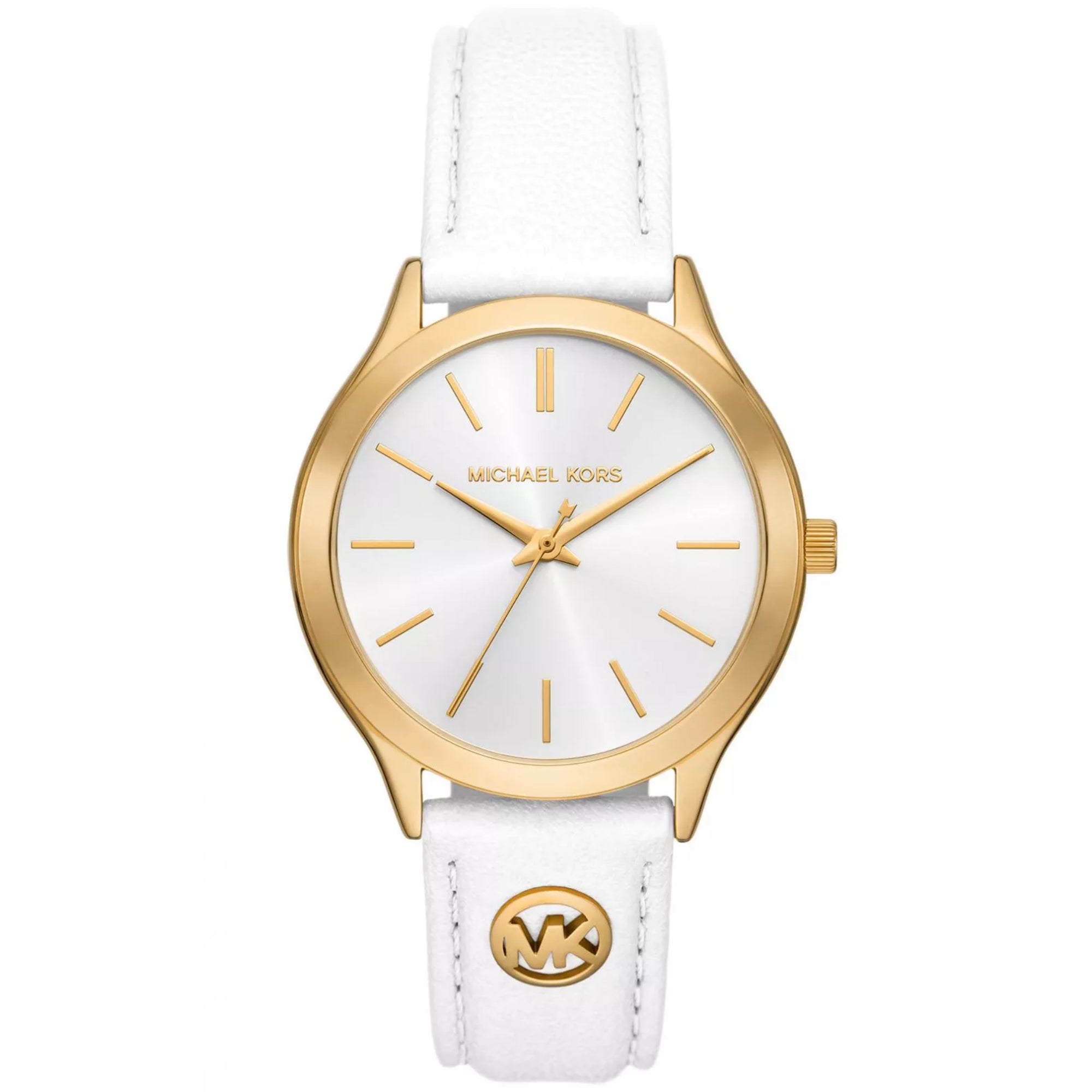 Michael Kors Slim Runway Weiß Lederarmband Goldfarbener Gehäuse Silber Zifferblatt Damen Uhr MK7466