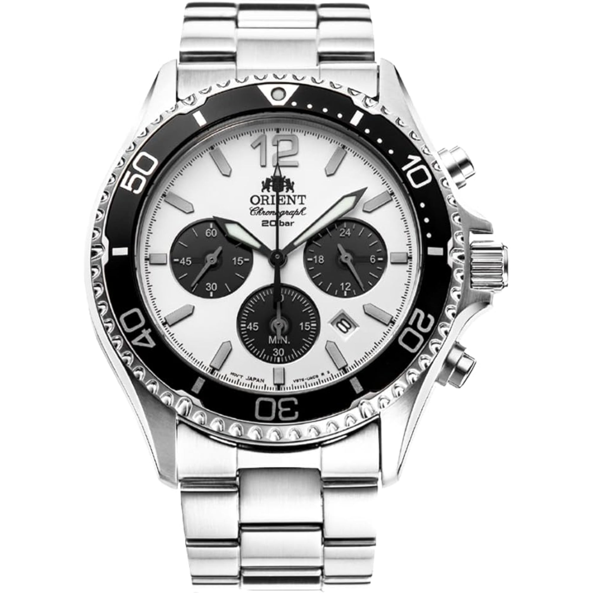Orient Mako 43mm Solar Ex-Display Chronograph White Dial Steel Mens Quartz Watch RA-TX0203S10B