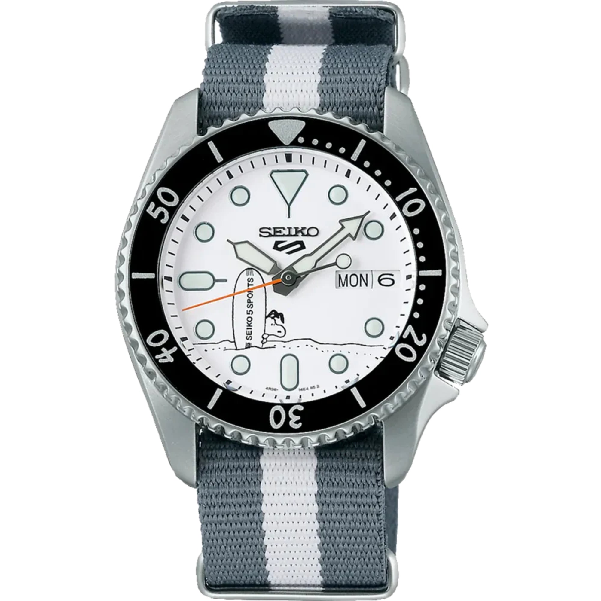 Seiko 5 Sports X Peanuts Surfbrett Limited Edition Automatik Weißes Zifferblatt Uhr SRPK25K1