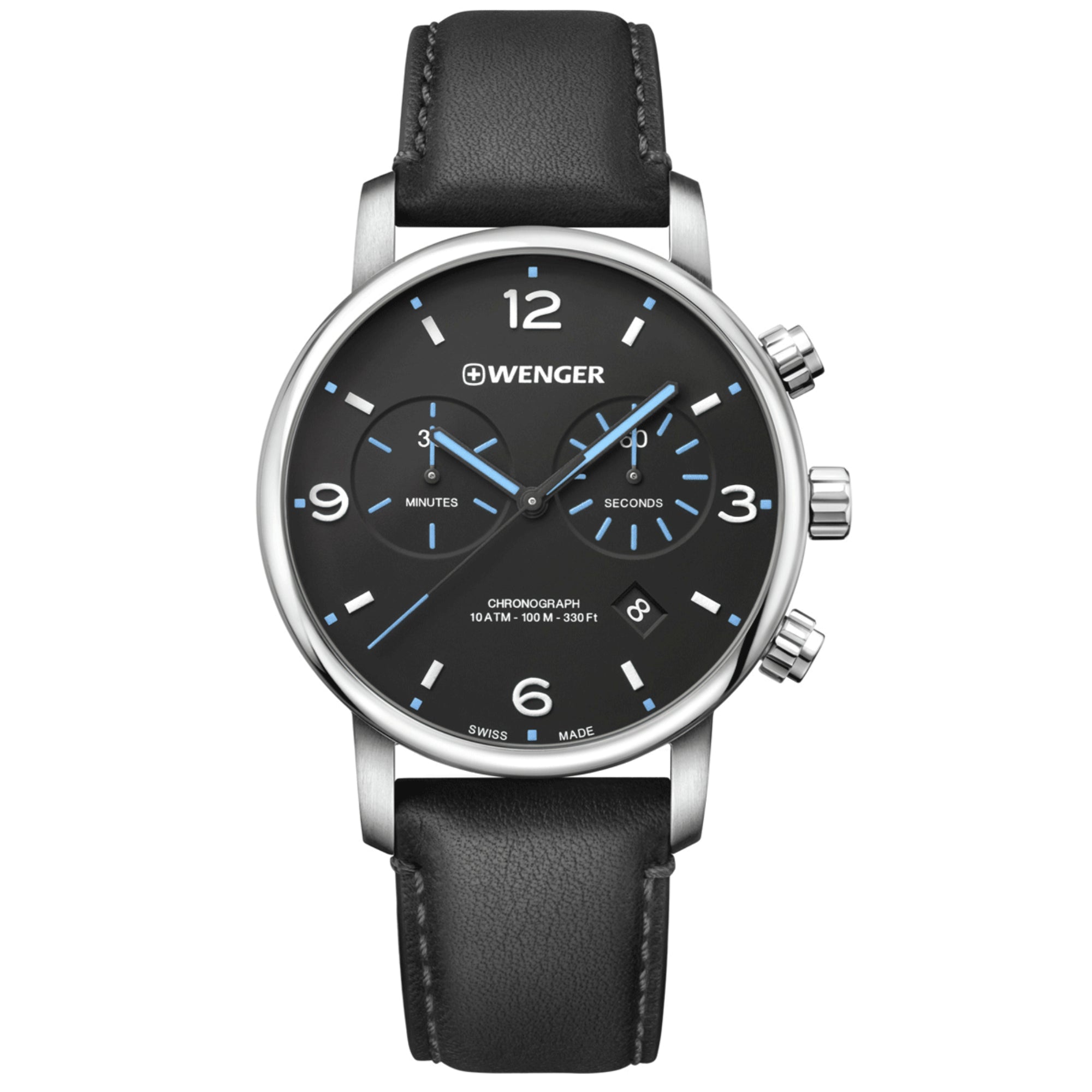 Wenger Urban Metropolitan Chronograph Quarz Schwarzes Zifferblatt Schwarzes Lederarmband Herren Uhr 01.1743.120