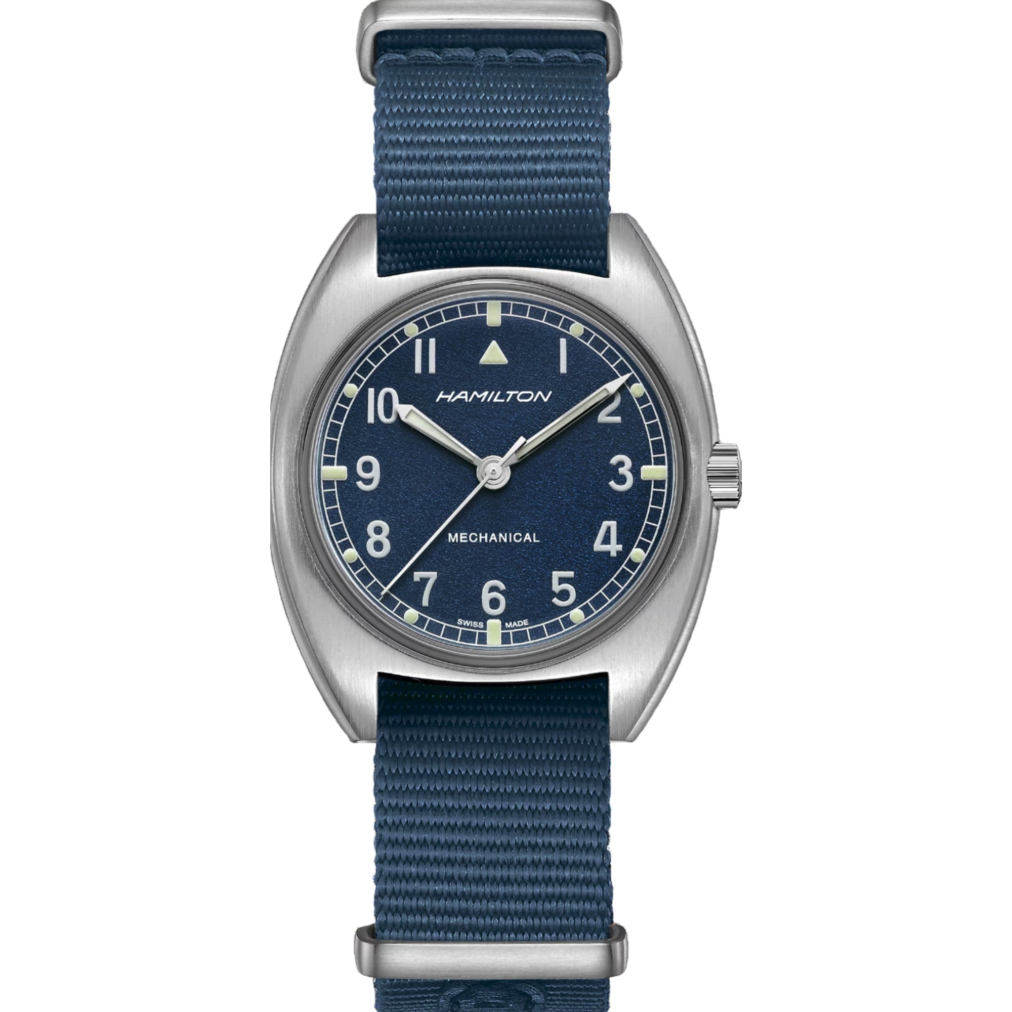 Hamilton Khaki Pilot Pioneer mechanical watch with a blue dial and matching blue NATO strap front view