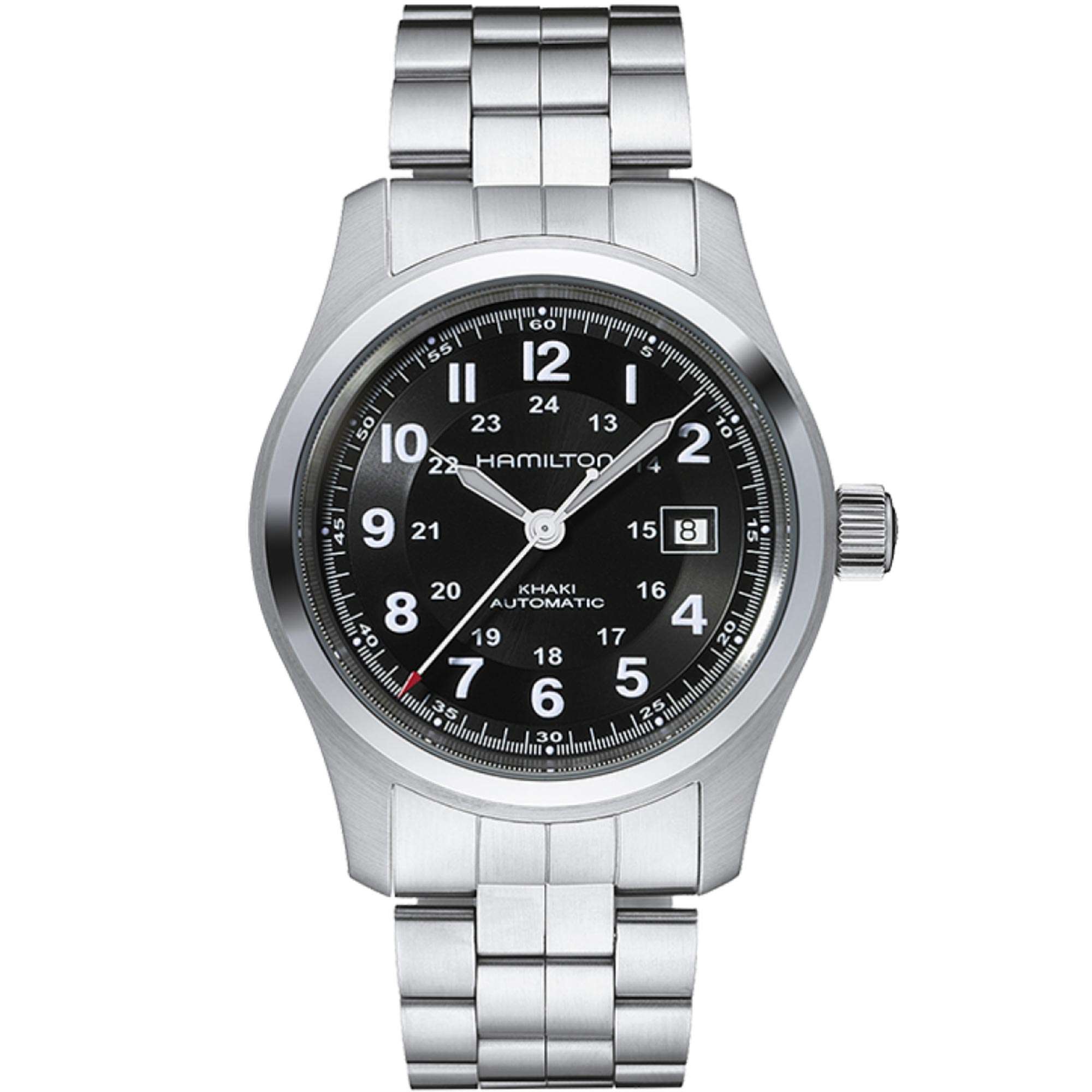 Hamilton Khaki Field 42mm black dial military inner ring steel automatic watch H70515137 front view 