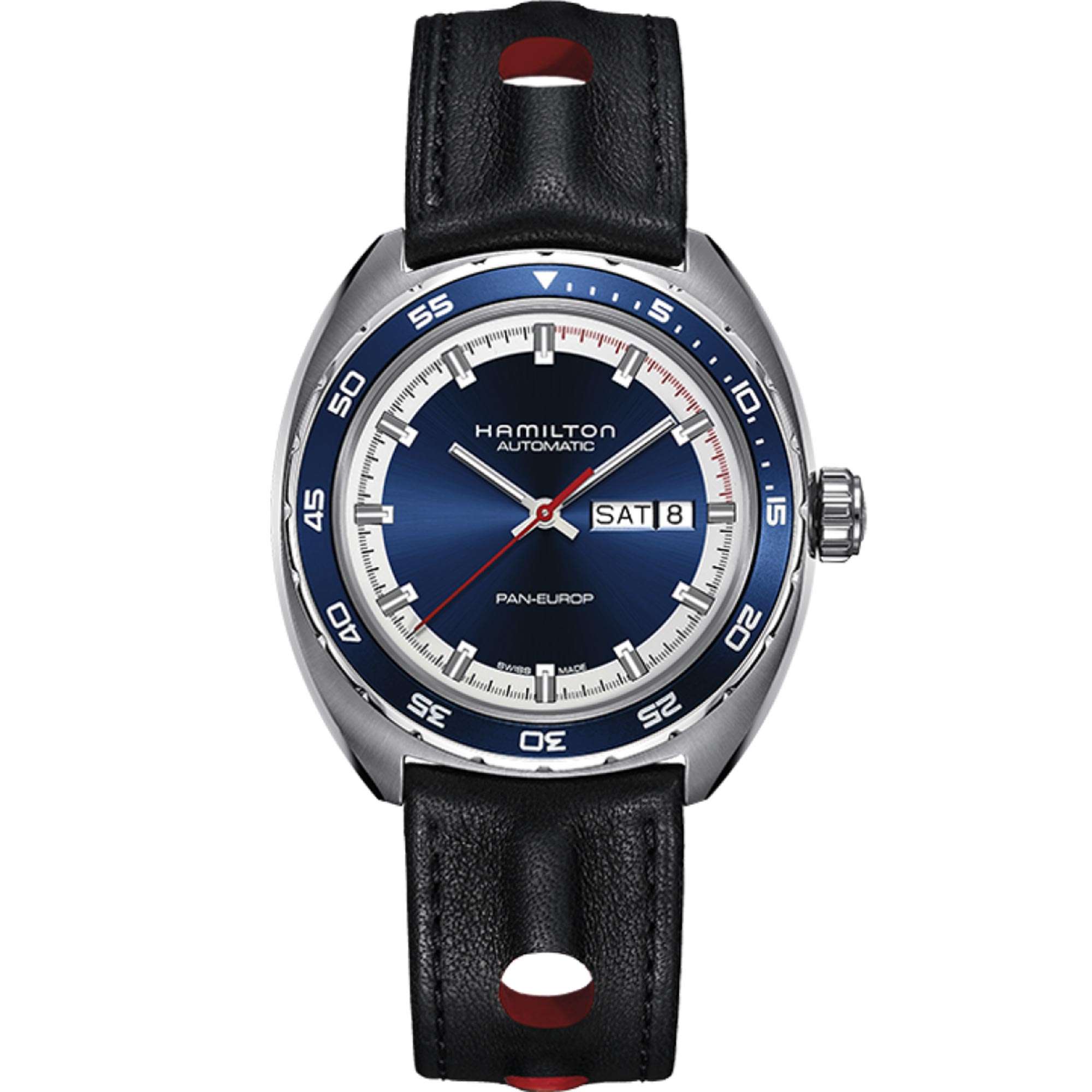 Hamilton American Classic 42mm Pan Europ Day Date blue dial automatic watch H35405741 front view
