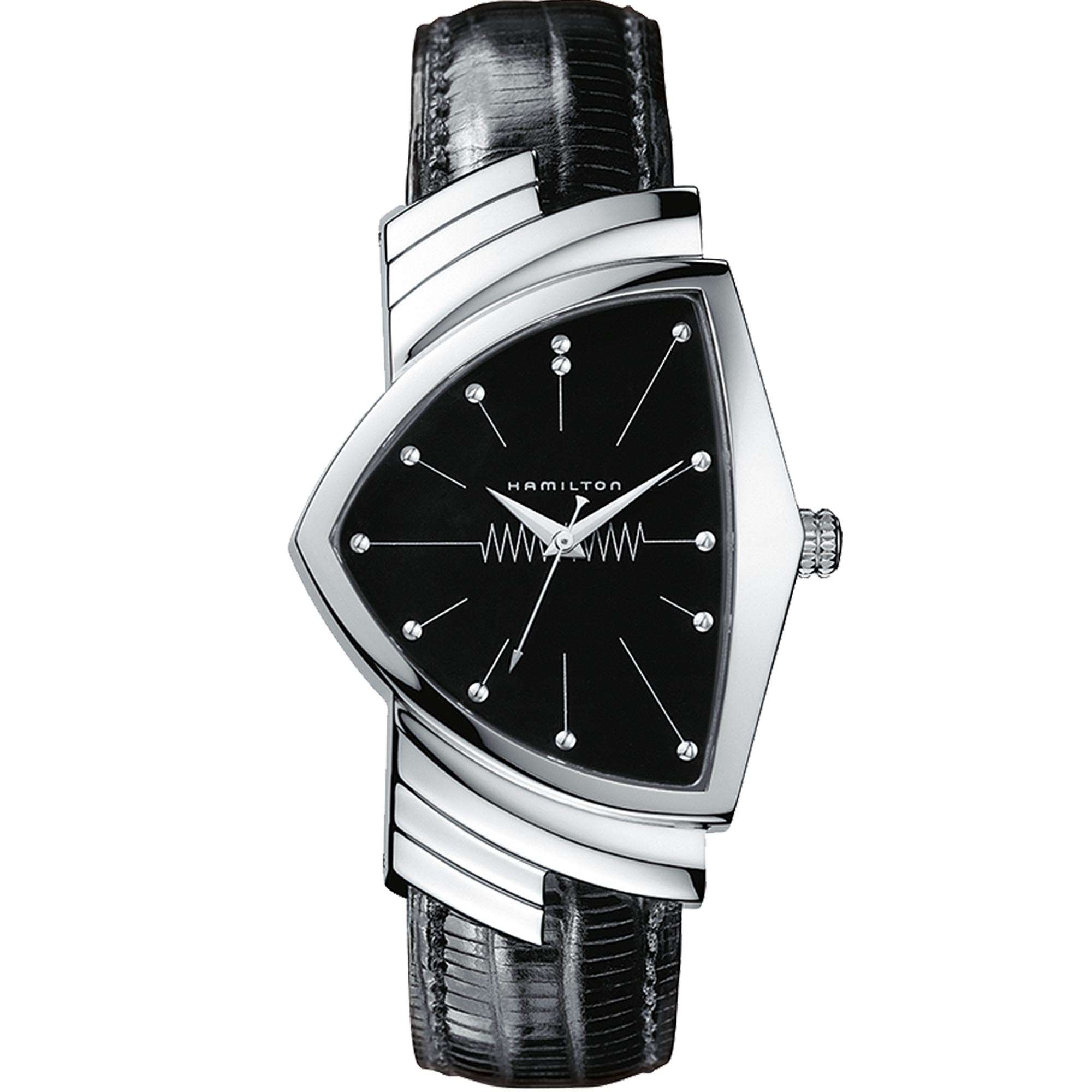 Hamilton Ventura 1957 Recreation MIB black dial leather quartz watch H24411732 front view