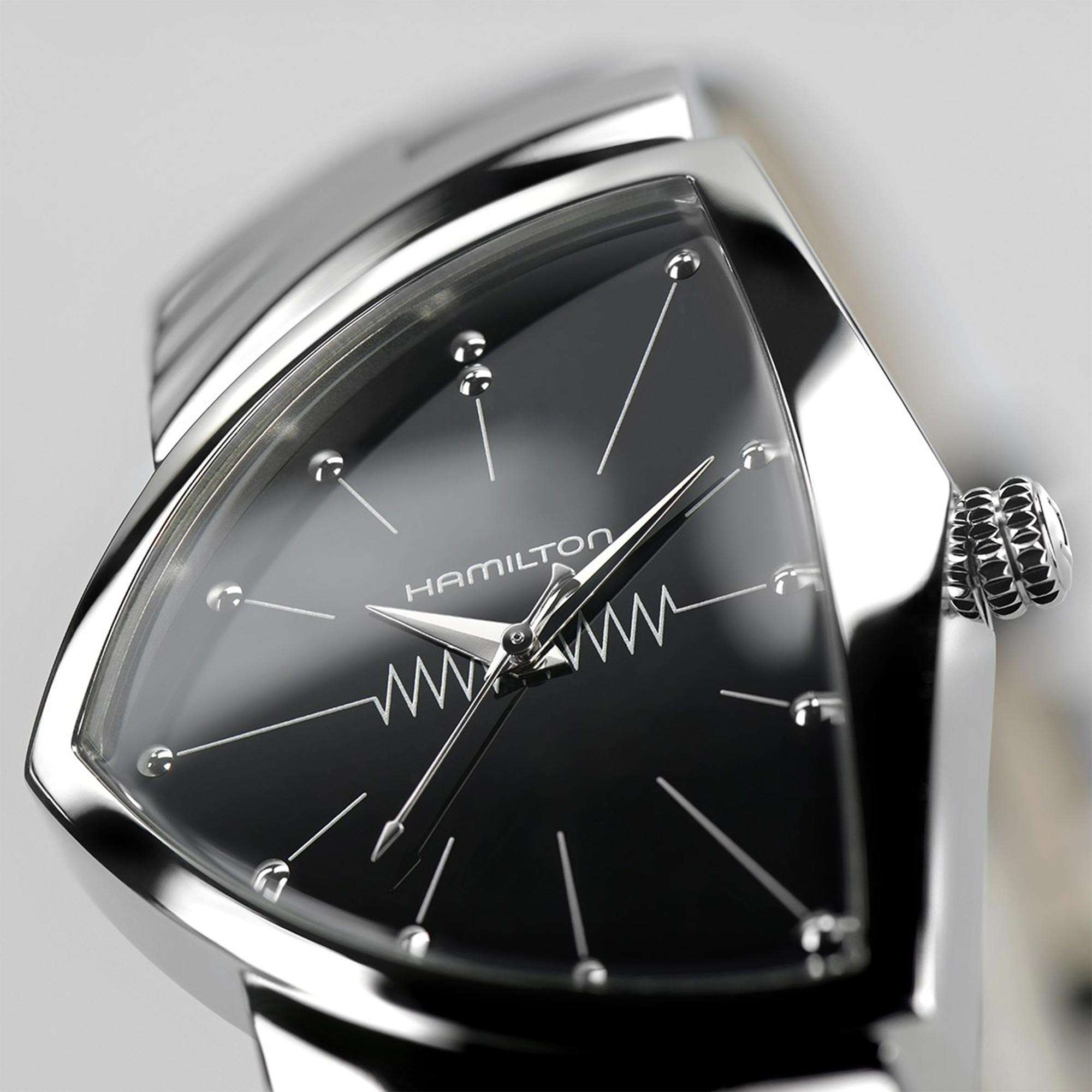 Hamilton Ventura H24411732 iconic shield-shaped polished stainless steel case profile