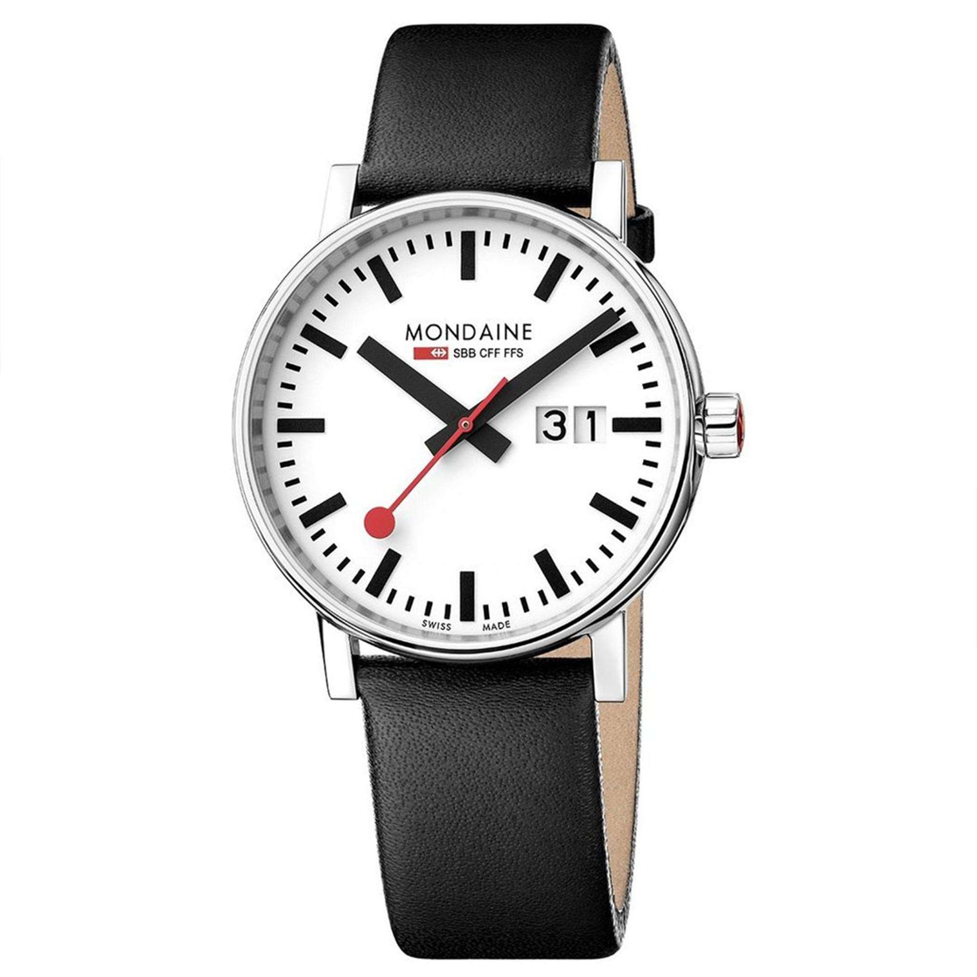 Mondaine evo2 Big Schwarzes Lederarmband Weißes Zifferblatt Uhr MSE.40210.LB