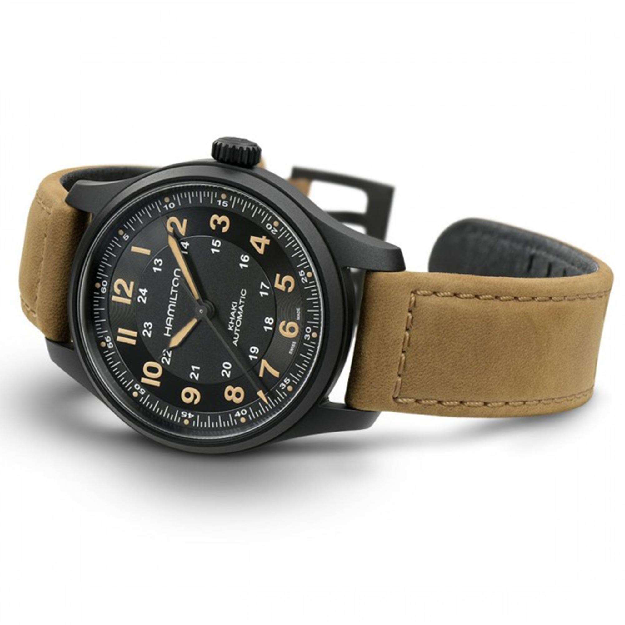 Hamilton Khaki Field H70665533 black dial with white Arabic numerals and old-radium hands close-up
