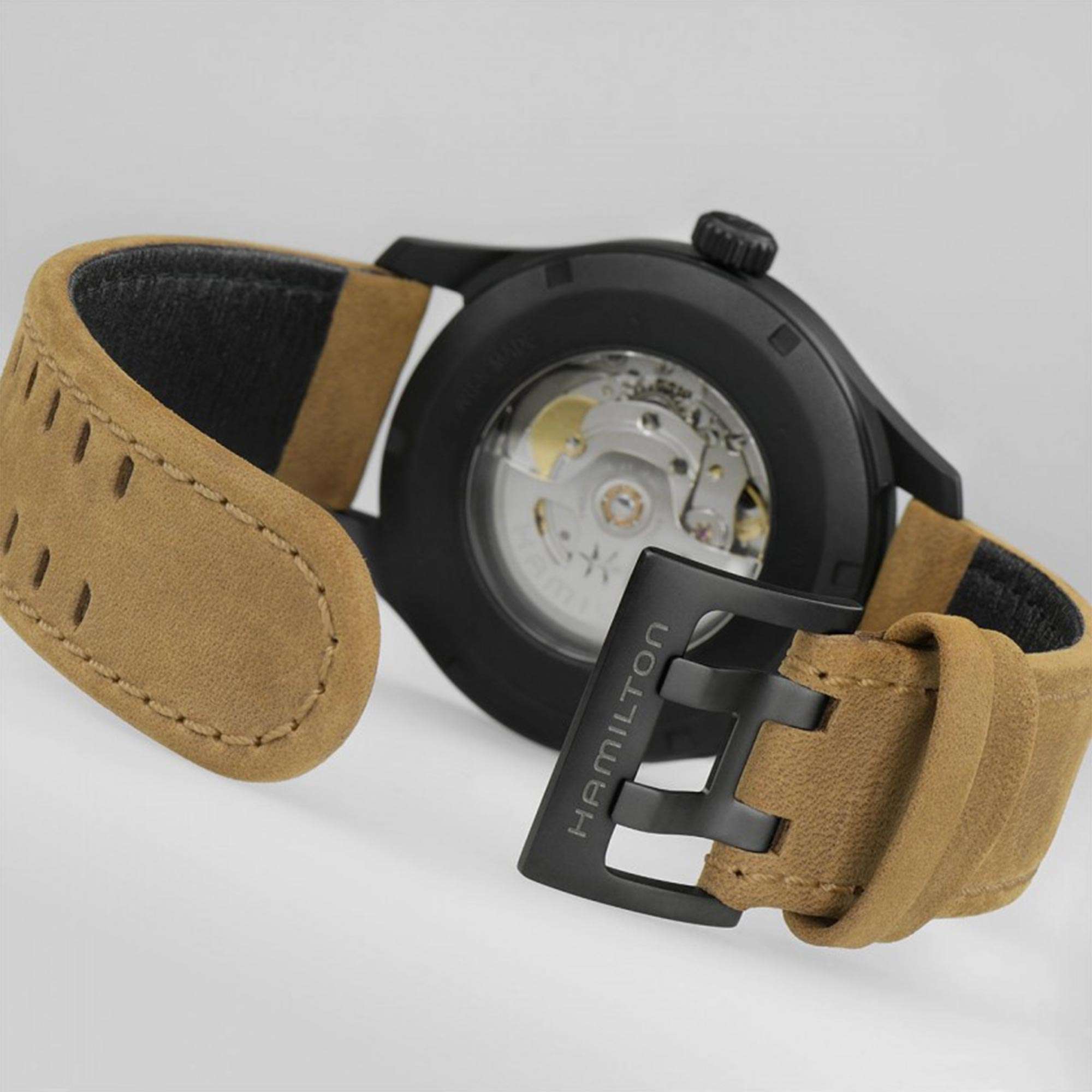 Hamilton Khaki Field H70665533 brown leather strap and pin buckle detail
