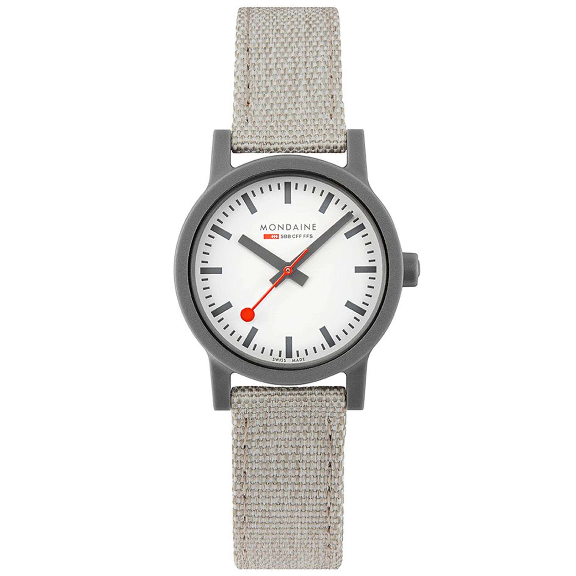 Mondaine Essence Nachhaltiger Quarz Weißes Zifferblatt Textilarmband Uhr MS1.32111.LH