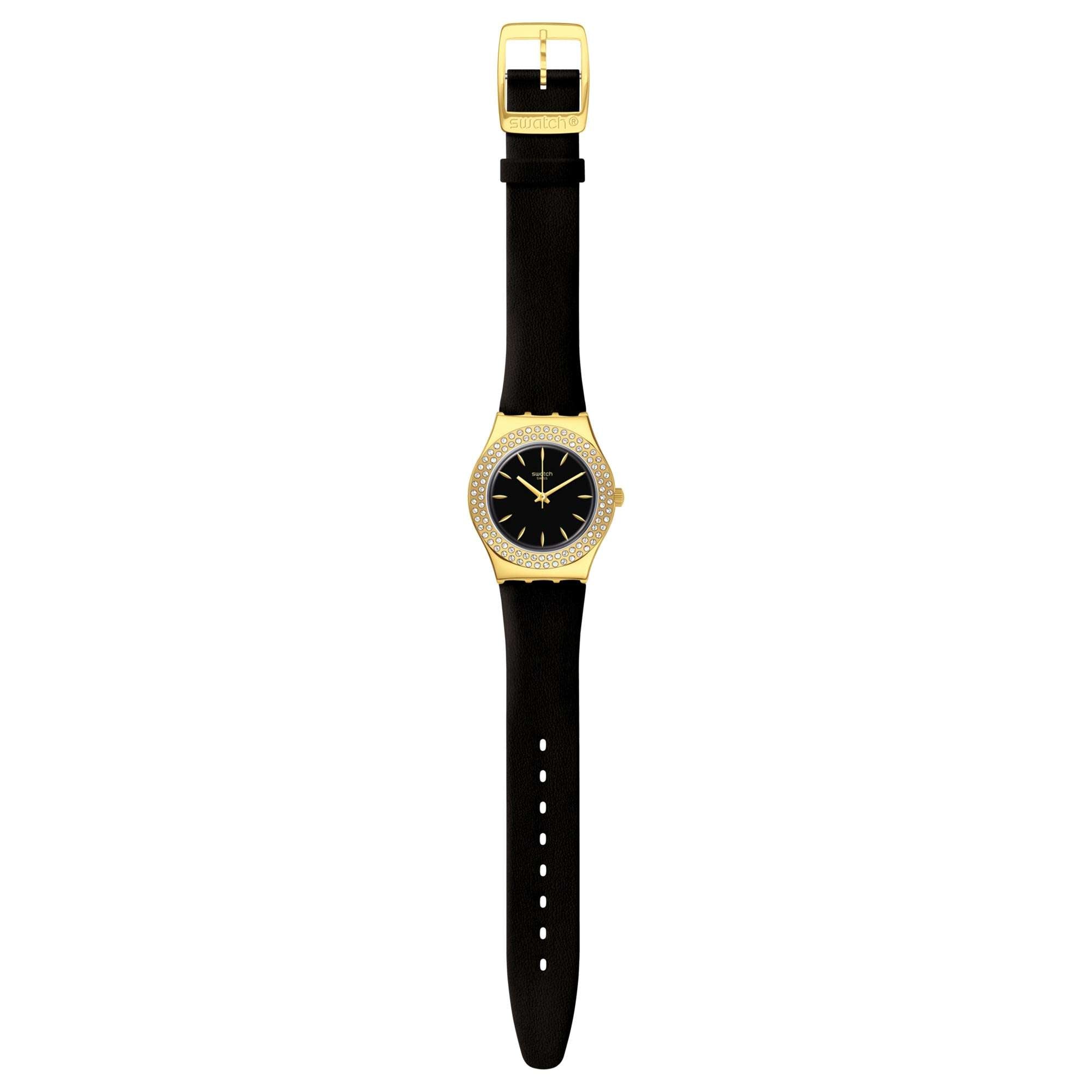 Swatch Goldy Show Quartz Schwarzes Zifferblatt Lederarmband Damen Uhr YLG141