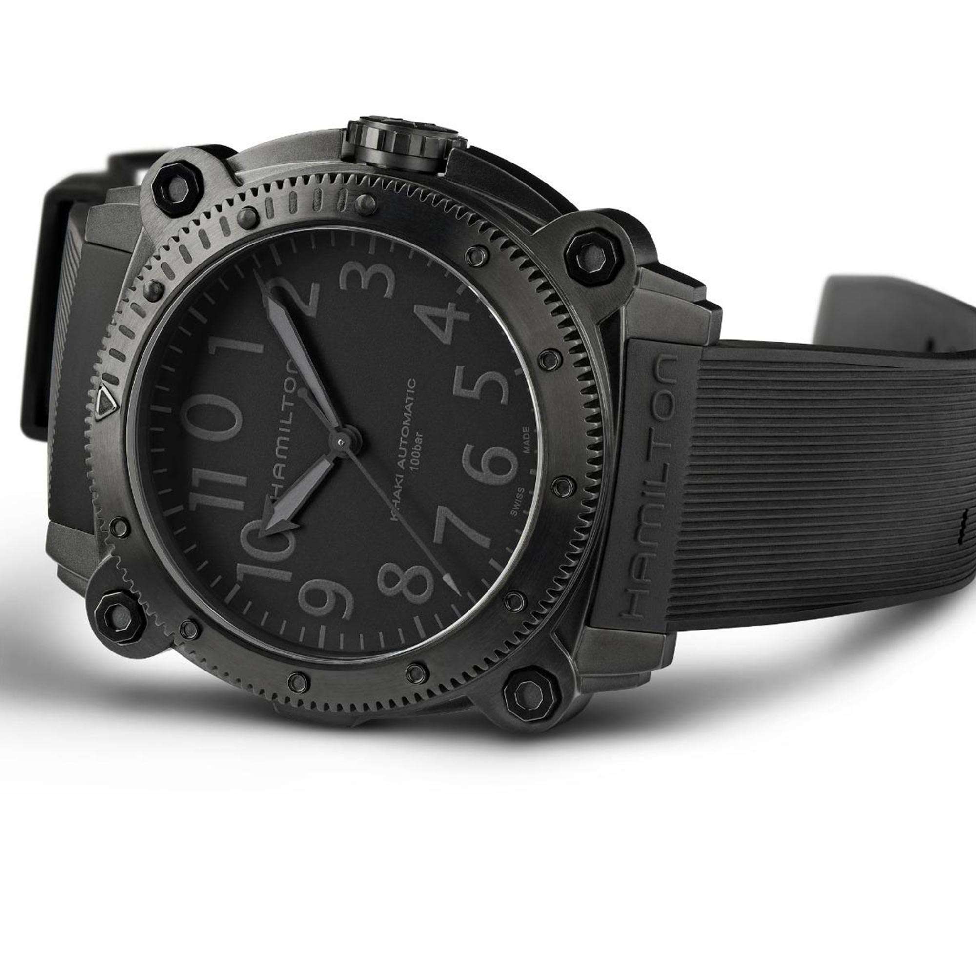 Hamilton Khaki Navy H78505330 46mm titanium case and black rubber strap watch on white background
