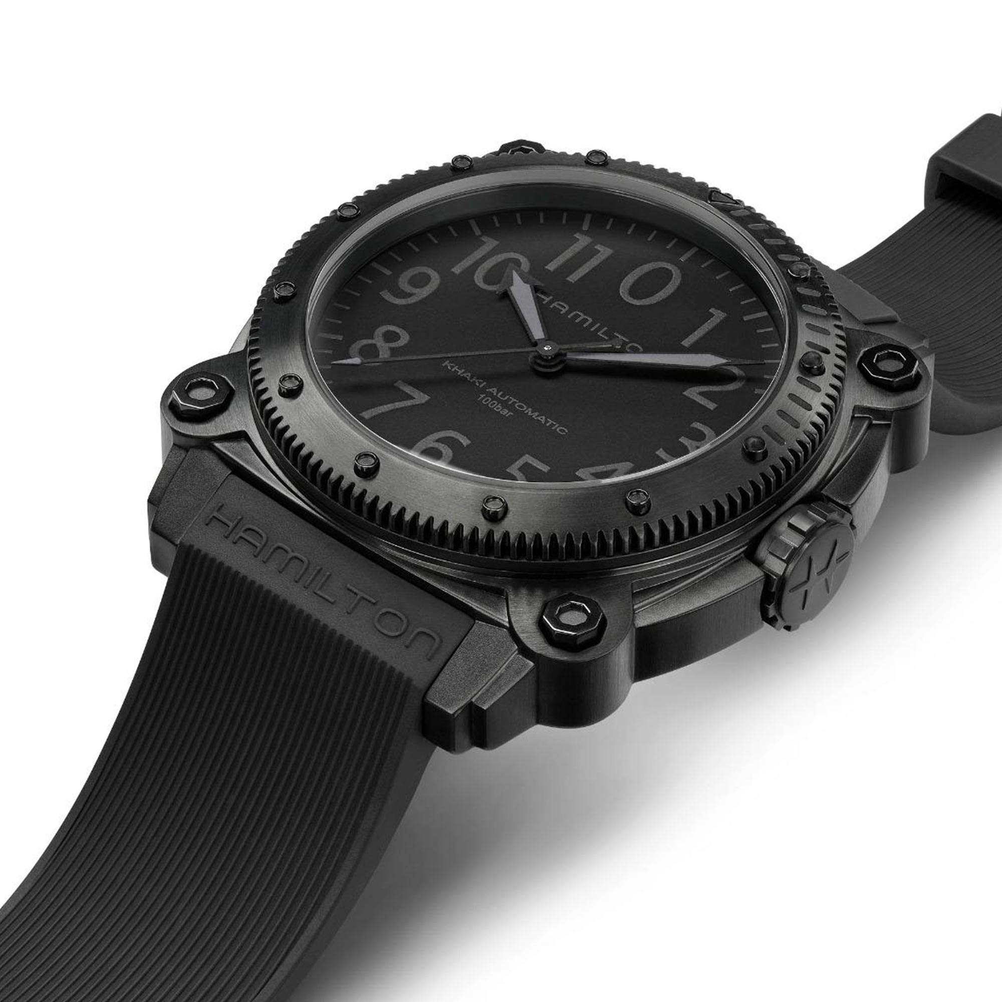 Hamilton Khaki Navy H78505330 46mm titanium case and black rubber strap detail