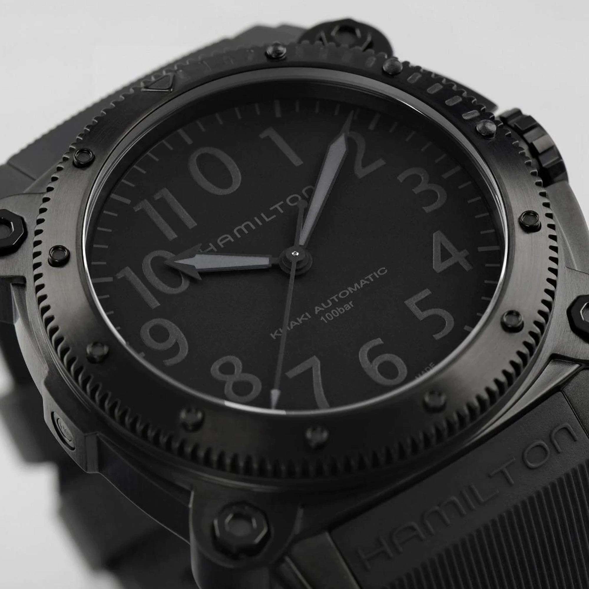 Hamilton Khaki Navy H78505330 black dial with oversized luminous numerals close-up