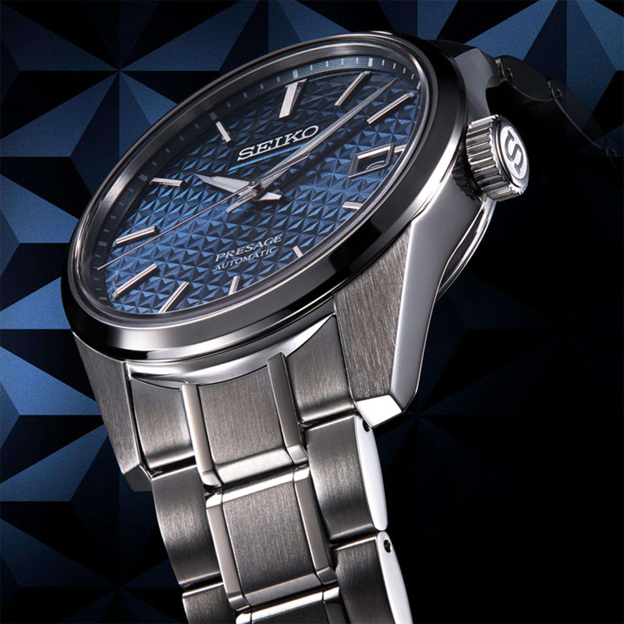 Seiko Presage Sharp Edge Serie Blaues Zifferblatt Silbernes Edelstahlarmband Automatik Herren Uhr SPB167J1