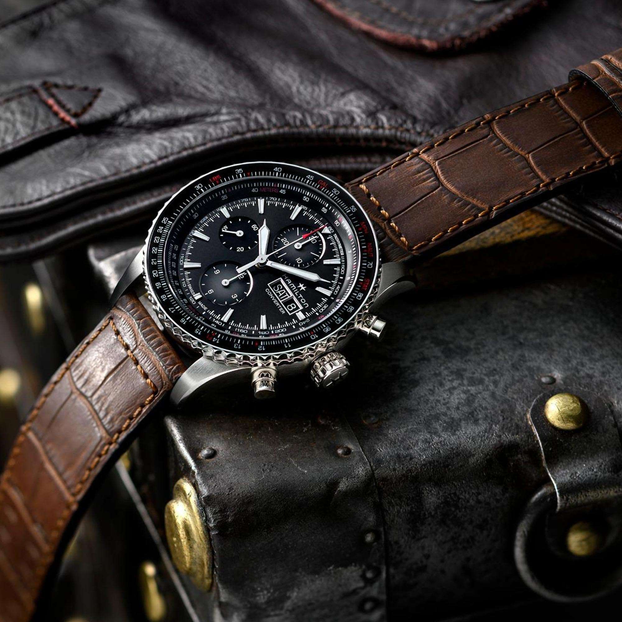 Hamilton Khaki Aviation 44mm Chronograph Black Dial Leather Mens Automatic Watch H76726530