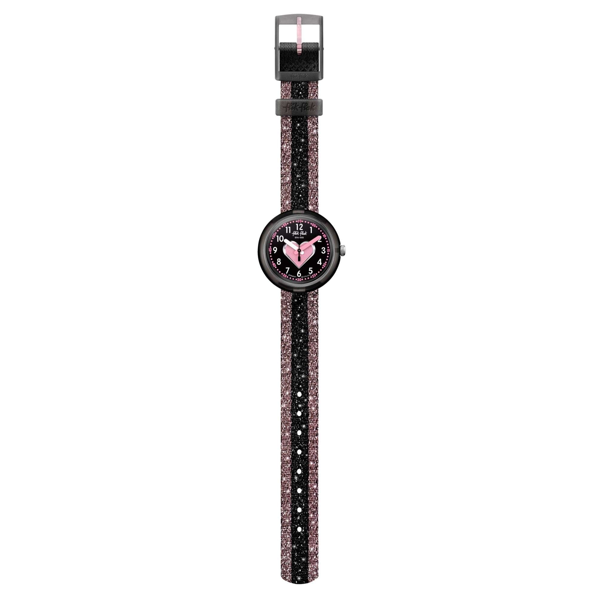 Flik Flak Cuoricino Quarz Schwarzes Zifferblatt Textilarmband Mädchen Uhr FPNP071