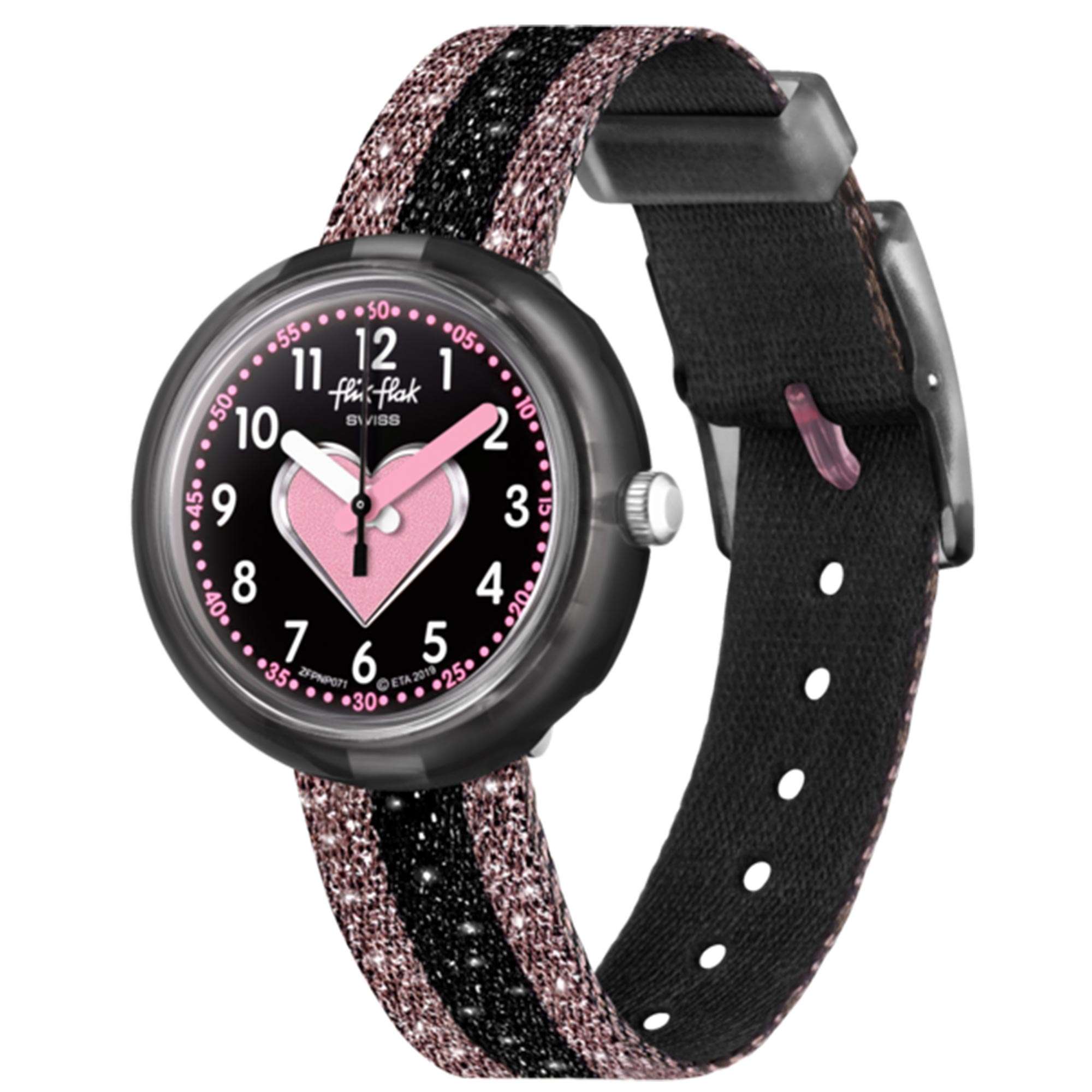 Flik Flak Cuoricino Quarz Schwarzes Zifferblatt Textilarmband Mädchen Uhr FPNP071