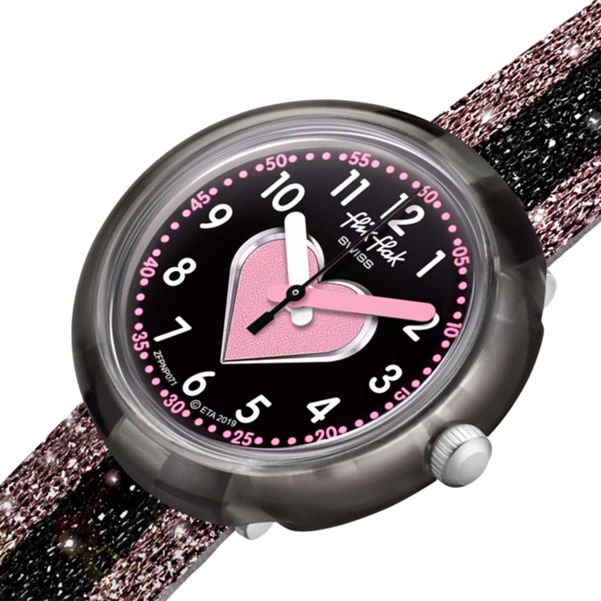 Flik Flak Cuoricino Quarz Schwarzes Zifferblatt Textilarmband Mädchen Uhr FPNP071
