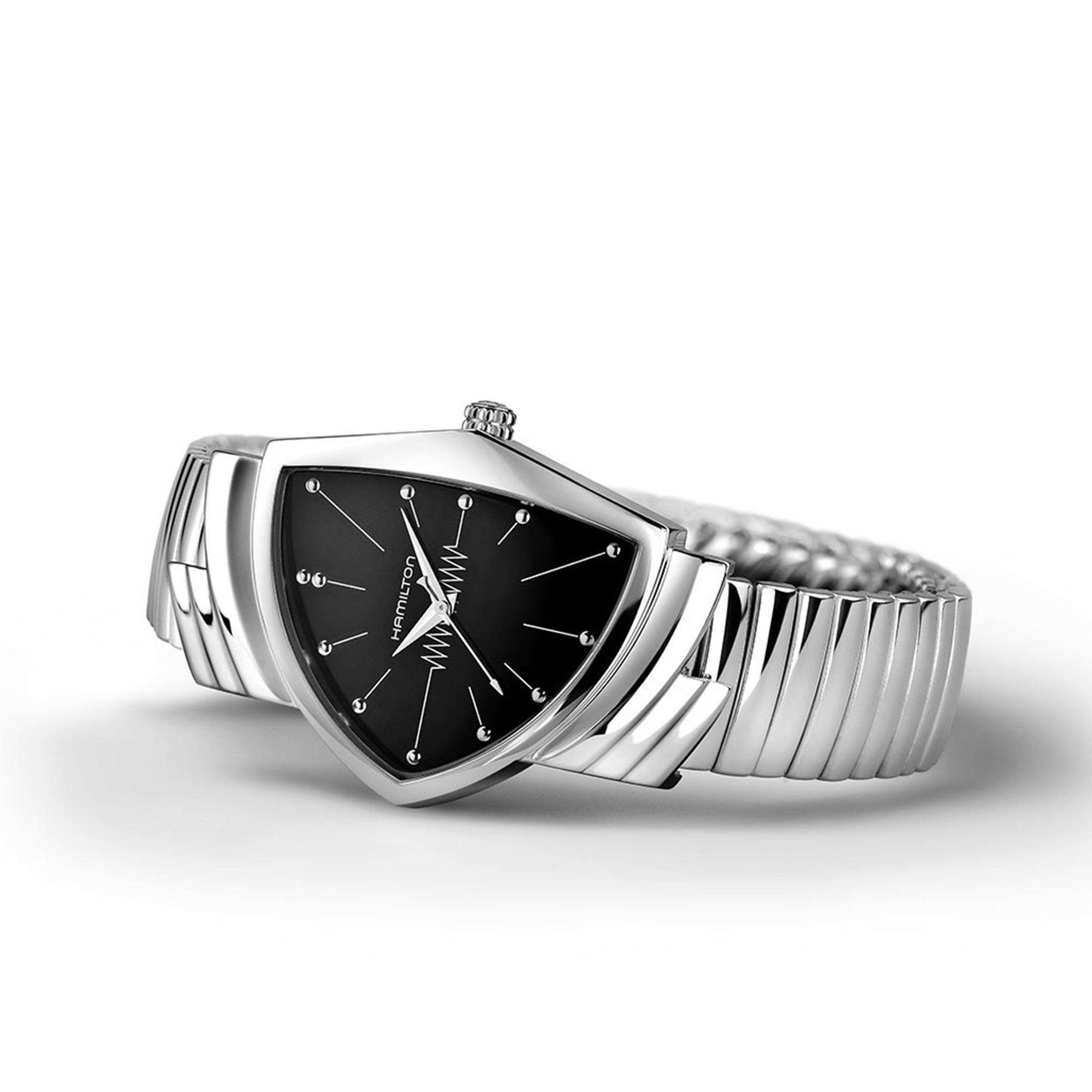 Hamilton Ventura watch with a triangular shield-shaped case, black dial, and stainless steel flex bracelet