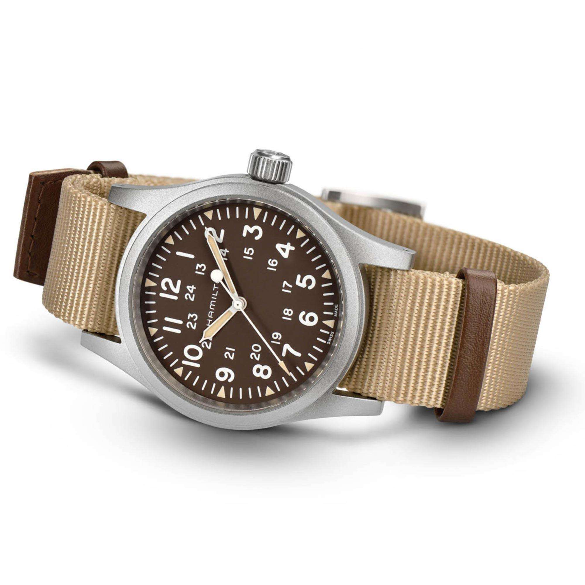 Hamilton Khaki Field 38mm 1960er Jahre Nachbildung Braunes Zifferblatt NATO Herren Mechanische Uhr H69439901